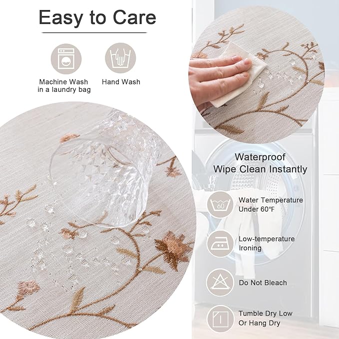 Joyfol Day Linen Waterproof Tablecloth with Tassels, Rustic Farmhouse Flowers Embroidery Table Cloths for Rectangle Tables, Heavy Weight Spill-Proof Table Covers, Coffee Florals, 55''x 102''