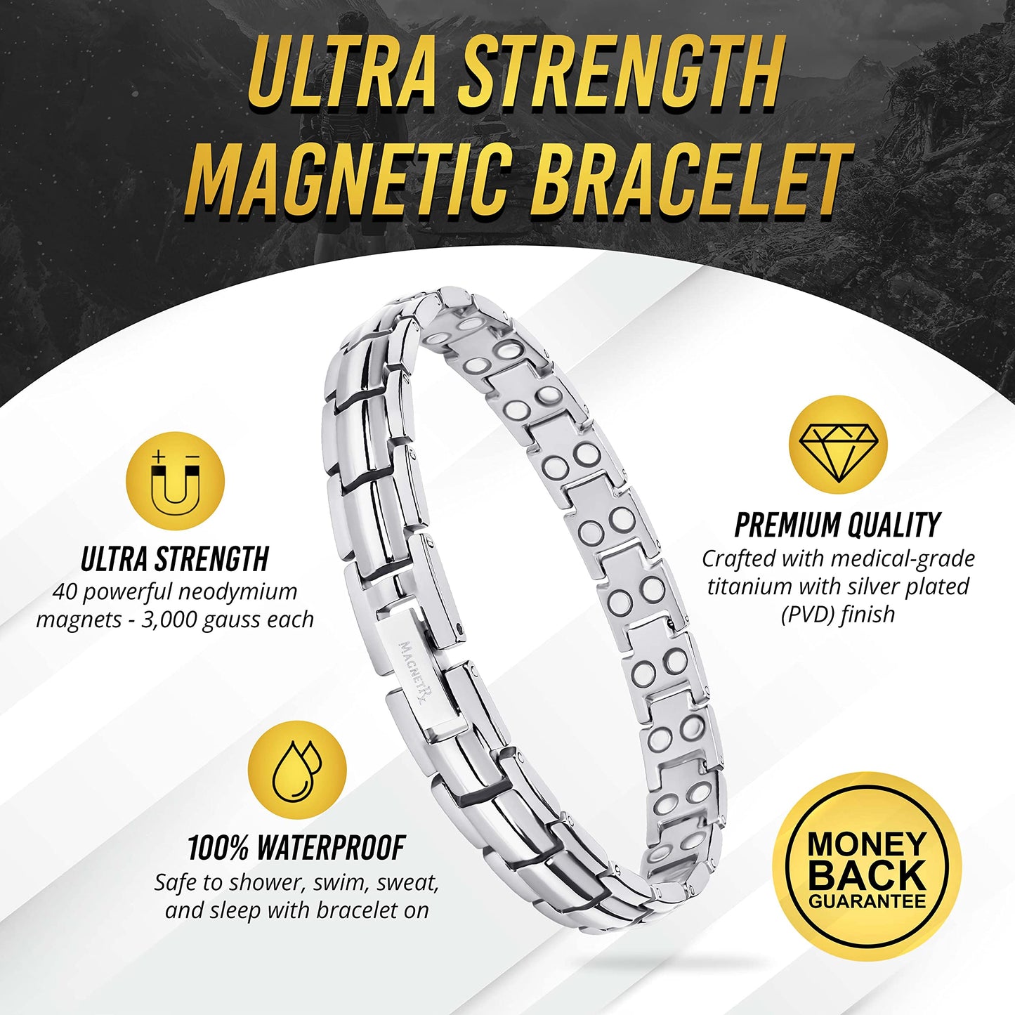 MagnetRX Women's Ultra Strength Magnetic Bracelet – Effective Titanium Magnetic Bracelets for Women – Adjustable Length with Sizing Tool for Perfect Fit (Silver)