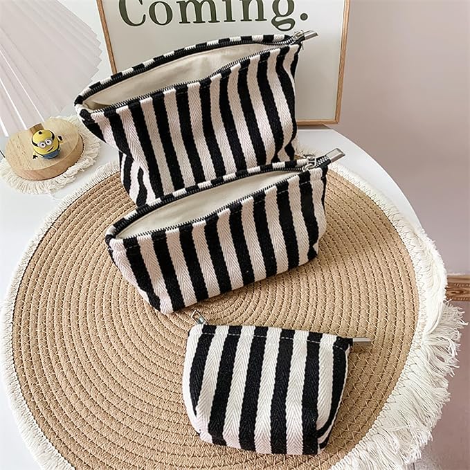HAPPYHEIDI Small Black White Stripe Makeup Brush Bag Zipper Pouch Women Girls Purse Organizer,Canvas Lined, Premium Zipper