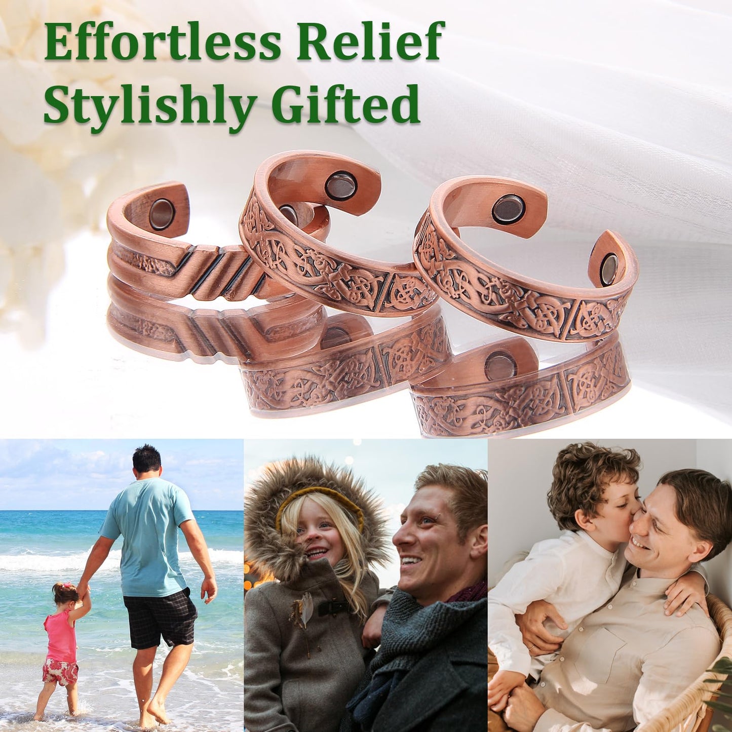 Fashtour 3 Copper Rings for Men, 99.99% Solid Pure Copper, 3pcs 3500 Gauss #9 Rings Vintage Pattern Adjustable Cuff Ring