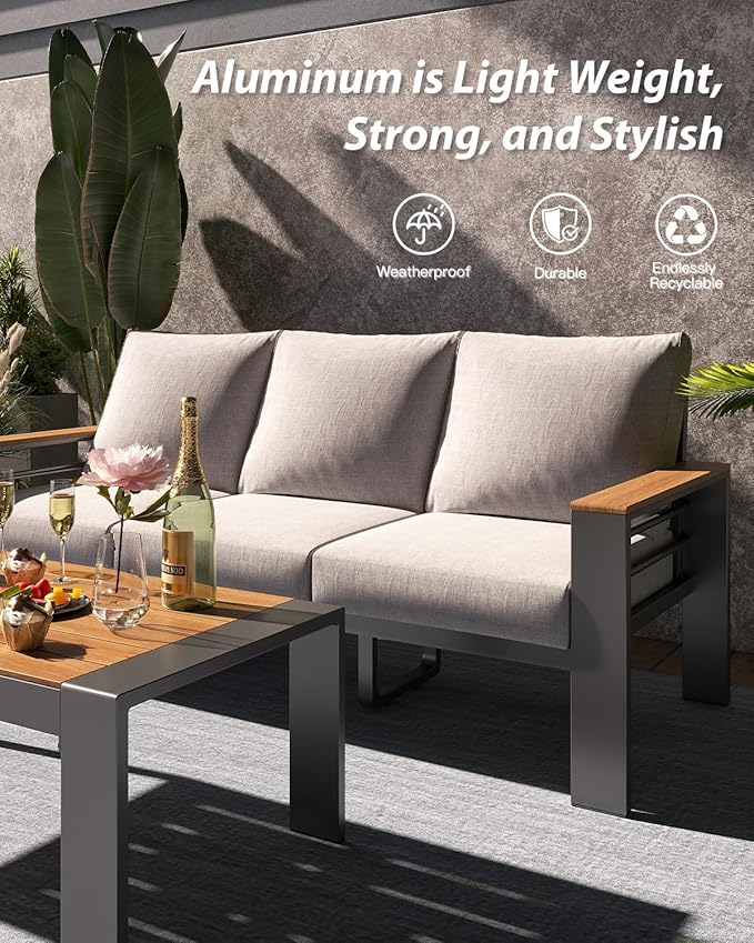 Aoxun Aluminum Outdoor Patio Furniture Set, 7 Seats Outdoor Sectional with Coffee Table, Patio Conversation Sets with Upgraded Armrests and Cushions for Backyard, Garden and Poolside