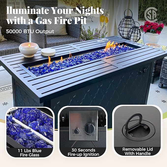 Patio Furniture Set, 4 Pcs Metal Outdoor Conversation Set, 2 Rocking Chairs and 3 Seater Sofa with 5.75" Extra Thick Cushion and Gas Fire Pit Table for Backyard Deck, Red