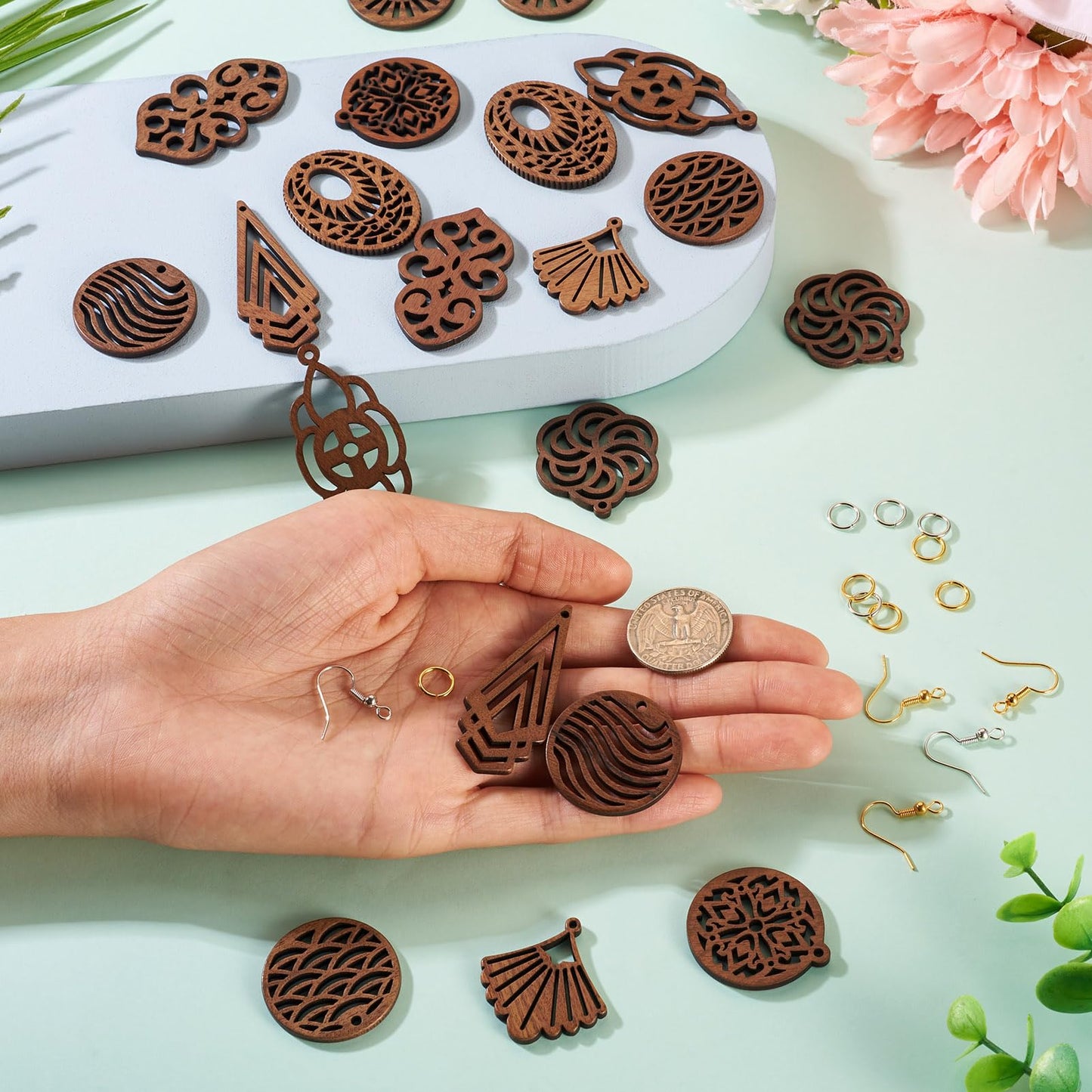 Elecrelive 10 Pairs Wooden Dangle Earring Making Kit Teardrop Oval Flower Leaf Shapes Natural Wood Earring Blanks with Hooks for DIY Craft Jewelry Making