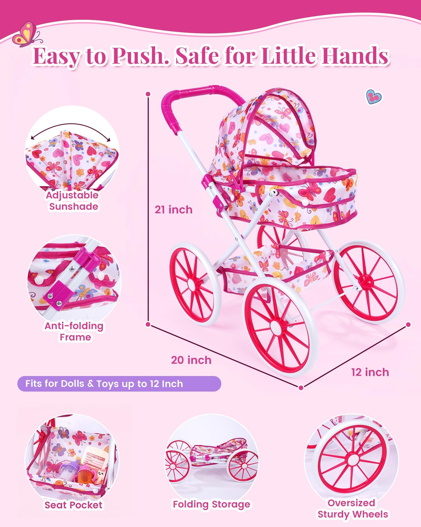 JIZHI Baby Doll Stroller with 12 Inch Dolls, 27-Piece Doll Stroller Set with Baby Doll Accessories for Pretend Play, Feeding & Bedding Playset Gift for Kids 3+