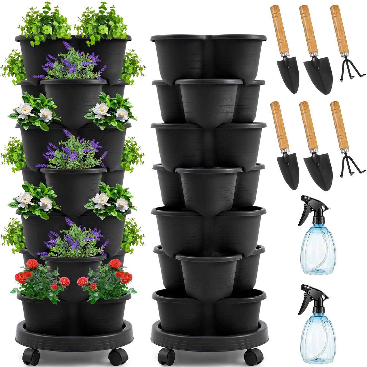 Umigy 2 Set Black 7 Tier Stackable Vertical Planters with Removable Wheels and Tools Tower Planters Strawberry Herb Flower Vegetable Pots Indoor Outdoor Gardening Pots