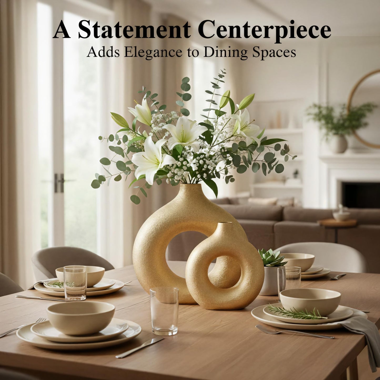 Modern Donut-Shaped Decorative Vases, Handmade Minimalist Boho ins Style, Modern Vase for Home Decor for Wedding Dinner Table Party Living Room Office Bedroom (Gold, Large + Small)