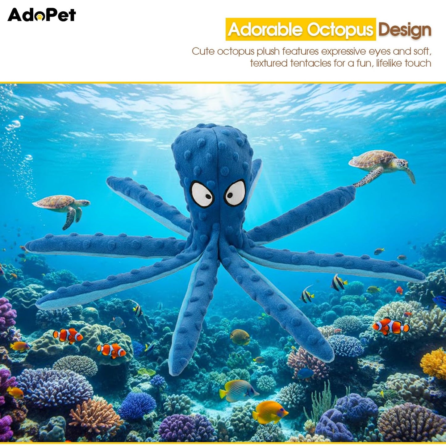AdoPet Squeaky Octopus Dog Toy – No Stuffing, Crinkle Sound Plush Chew Toy for Small and Medium Dogs – Durable and Machine Washable – 2 Pack (Blue & Pink)