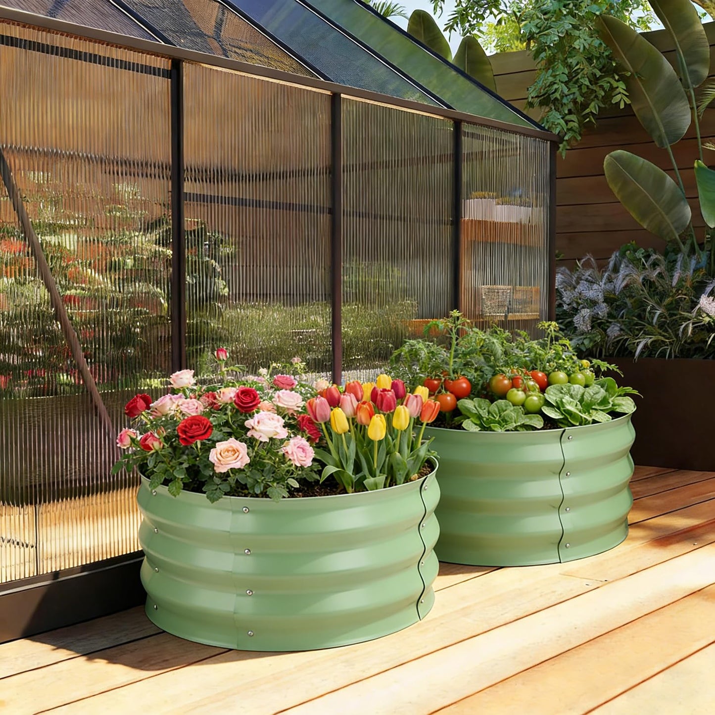 Cycayit Round Metal Raised Garden Bed 2 Pack with Fabric Liners, 2 ft × 2 ft × 1 ft, Outdoor Planters for Backyard, Patio & Garden (sage Green)