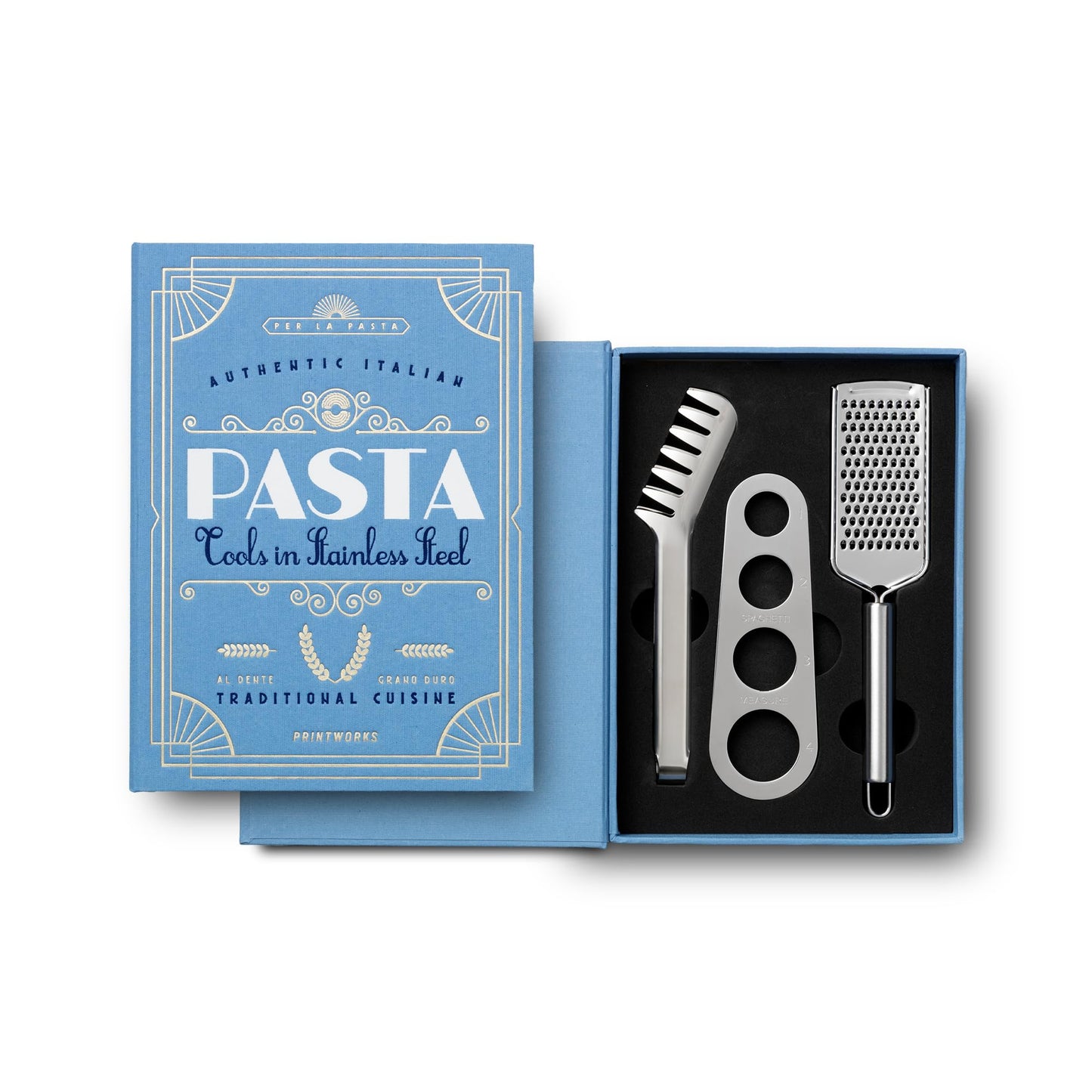 Printworks The Essentials, Pasta Tools – Pasta Kit with Spaghetti Tong, Spaghetti Measurer & Grater in Bright Blue Book-Style Case