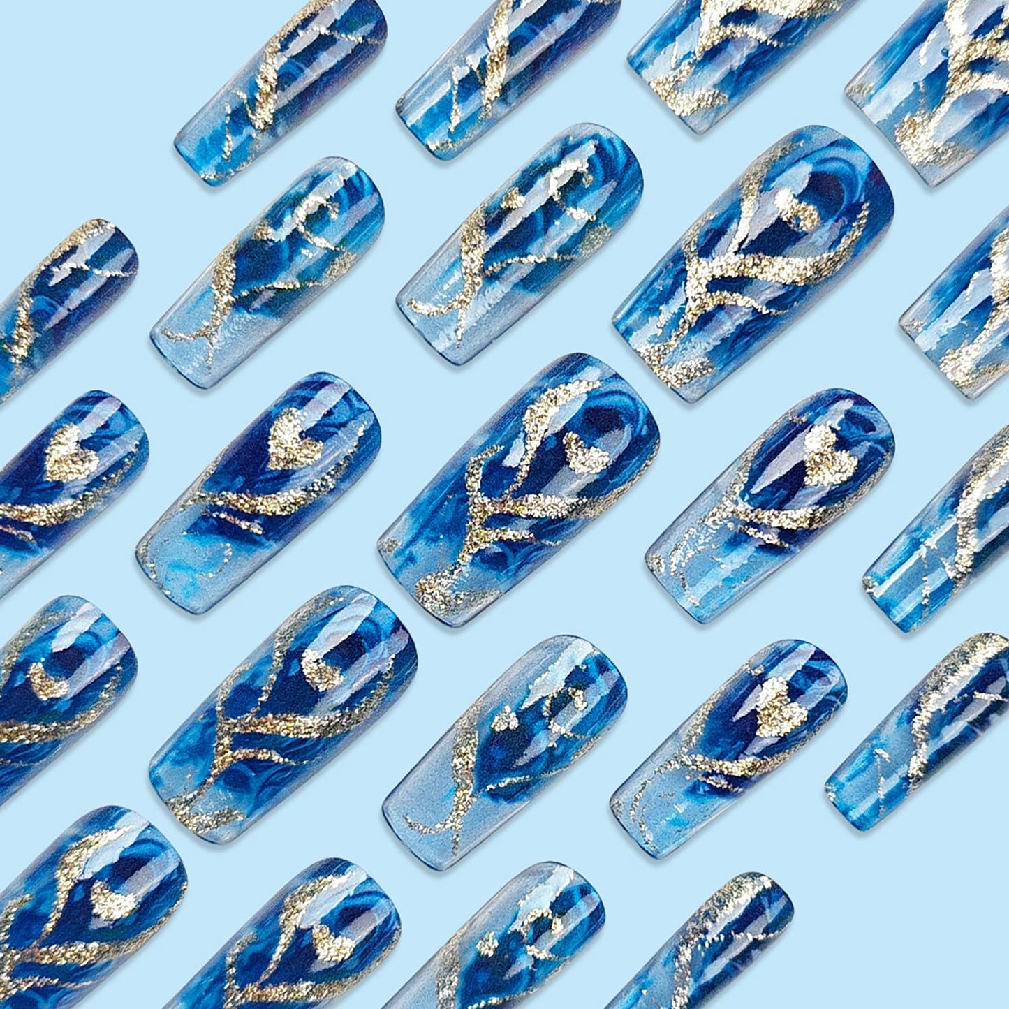 24Pcs Medium Press On Nails Square Fake Nails Press Ons With Glitter Heart Swirl Design Blue False Nails Full Cover Glossy Stick On Nails Reusable Acrylic Glue On Nails For Women Manicure Decor