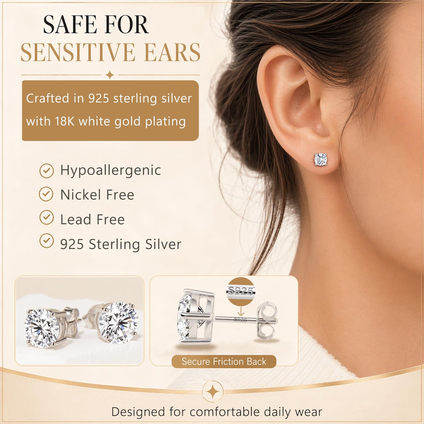 Impalsory Moissanite Stud Earrings 3.0CT 9mm for Women Men, 925 Sterling Silver Hypoallergenic Earrings, 18K White Gold Plated, Secure Friction Back, Brilliant Round Cut D Color VVS1