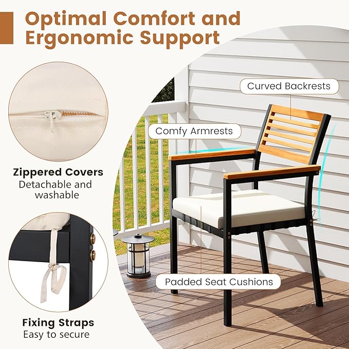 Tangkula 7 Piece Patio Dining Set, Outdoor Acacia Wood Cushioned Chairs and 51”-64” Expandable Rectangular Table Set, with Umbrella Hole, 6 Stackable Armchairs, for Poolside Garden (Off White)