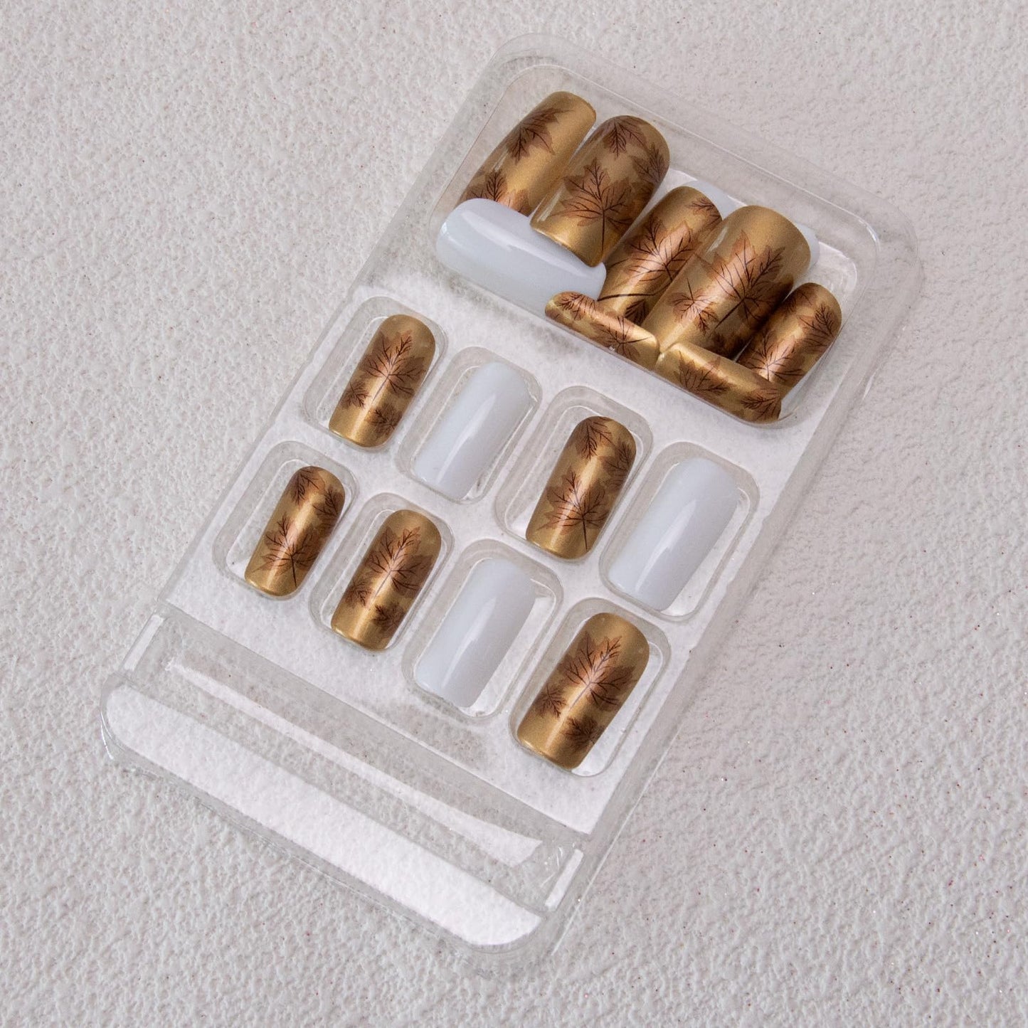 Gold Press on Nails Medium Square Fake Nails Leaf Acrylic Nails Fall False Nails Glossy Glue on Nail White Stick on Nail for Women Girls Manicure 24Pcs