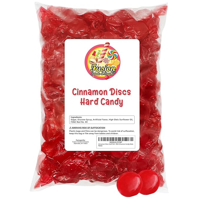 Cinnamon Discs Hard Candy - Bulk 2 Pounds Individually Wrapped Red Cinnamon Candy Disks (Approx 150 Pieces) - Holiday Bulk Fiery Candy