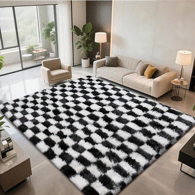 Area Rugs for Bedroom Living Room,5x8 Black and White Fluffy Soft Checkered Rug Fuzzy Shag Shaggy Carpet, Indoor Plush Floor Rugs for Kids Boys Girls Teen Dorm Nursery Home Decor