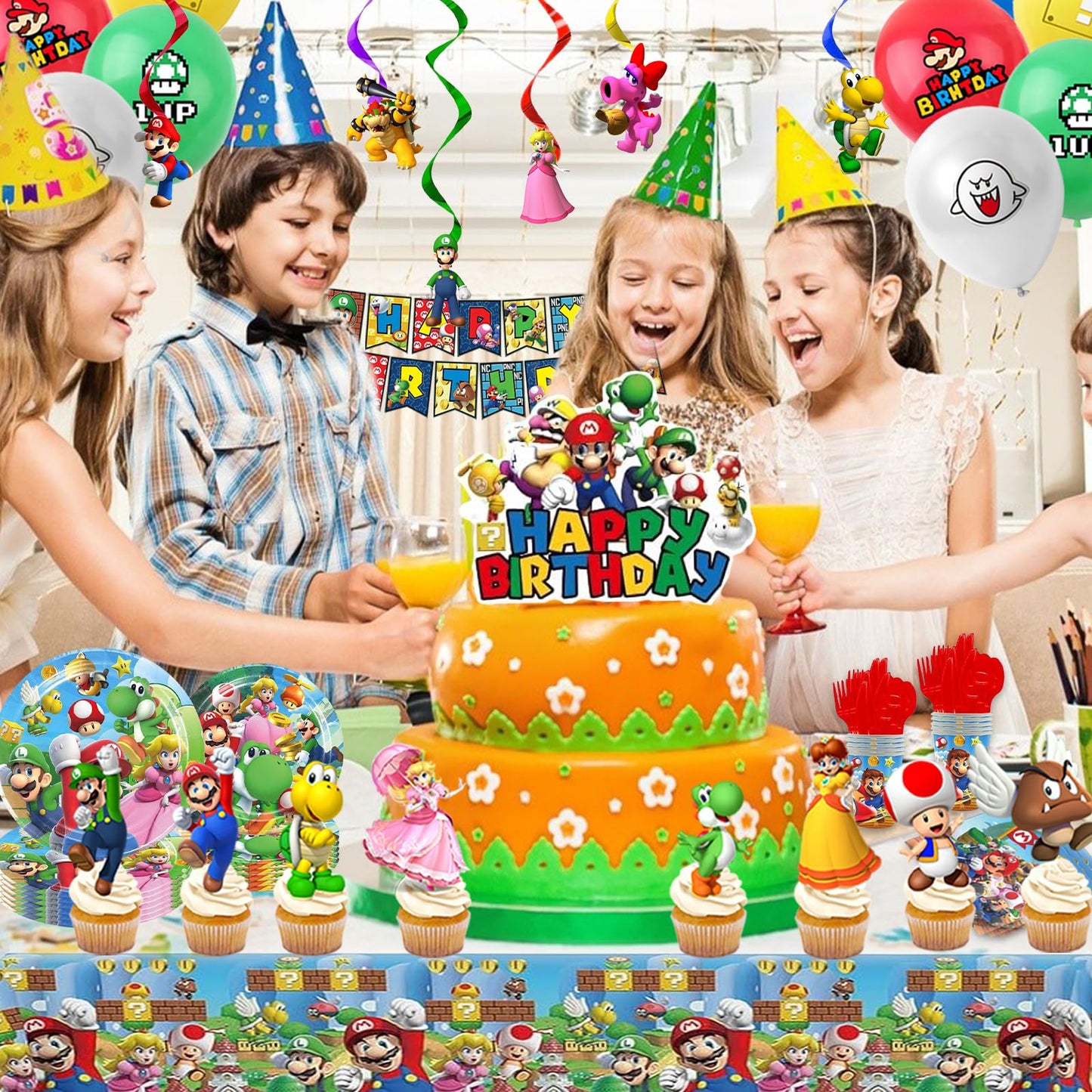 Birthday Party Supplies Ultimate Kit - 14-in-1 Decorations Set with Banner, Backdrop, Tablecloth, Balloons, Plates, Cutlery, Cake Toppers for Themed Parties