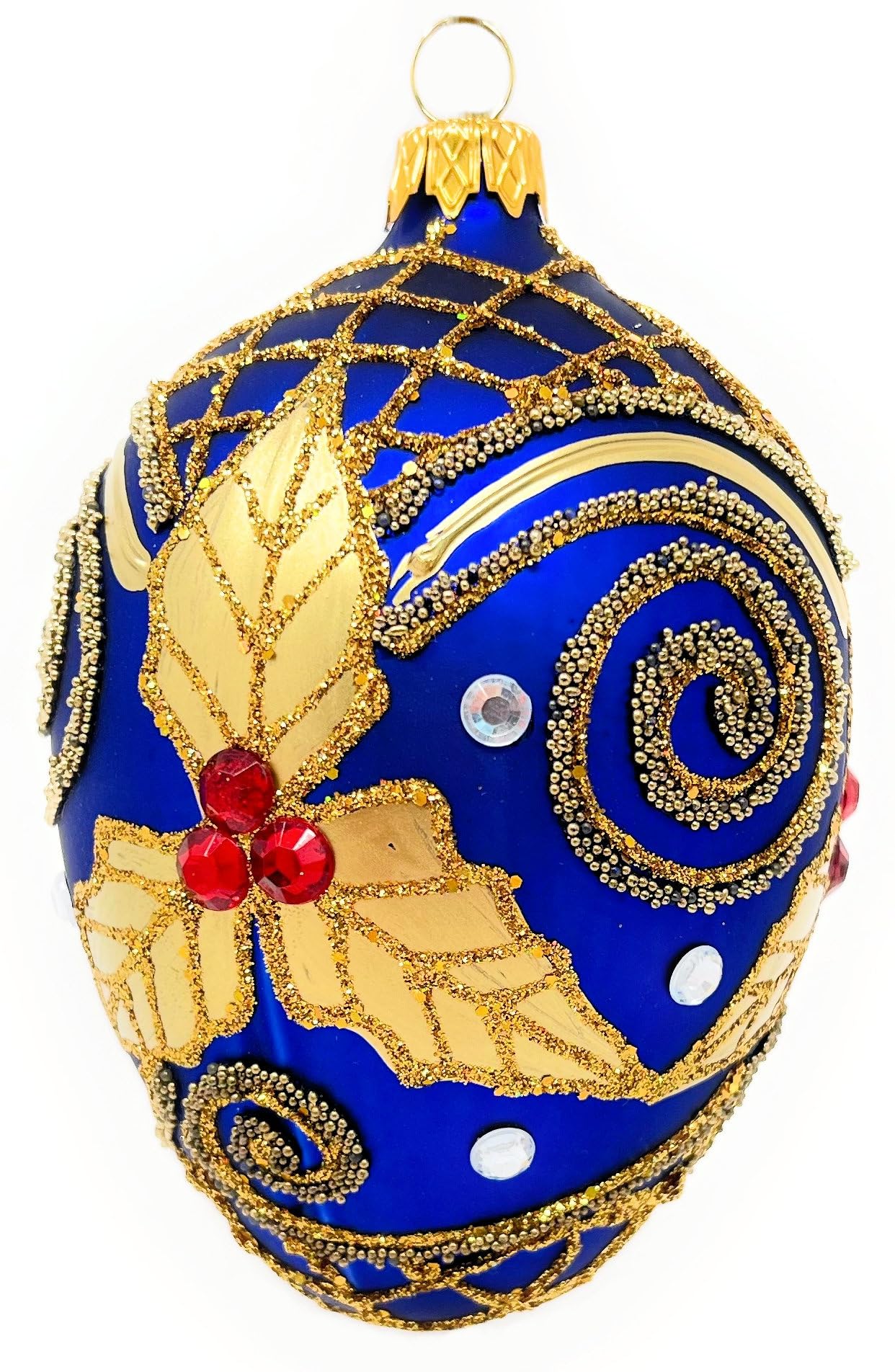 Polish Gallery Fabergé Egg 5-inch Blown Glass Christmas Tree Ornament Navy Blue with Gold Embellishments Mistletoe Leaves (Sapphire Matte)