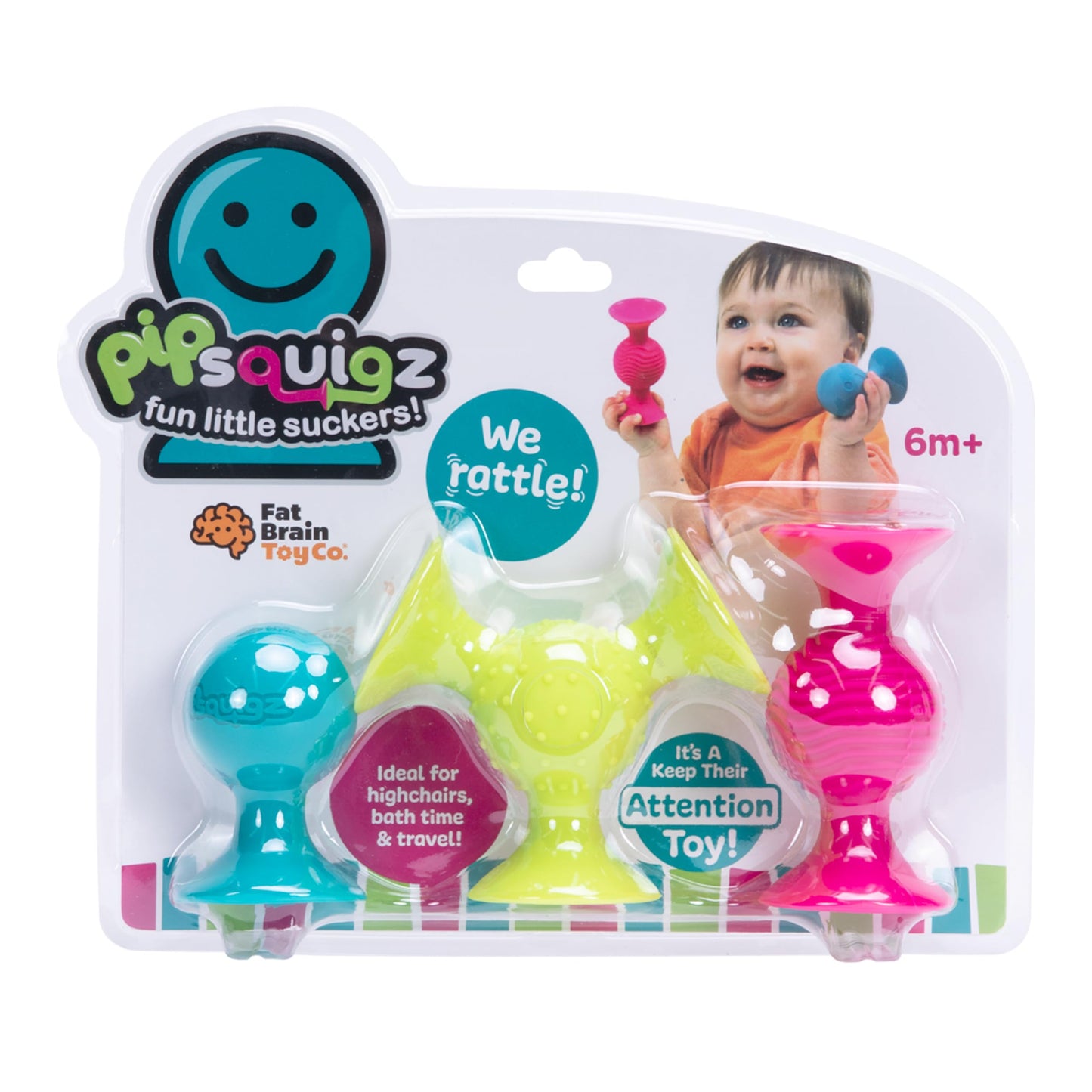 Fat Brain Toys pipSquigz, Sensory Baby Toys 6 Months Plus, Rattle Suction Cup Toy