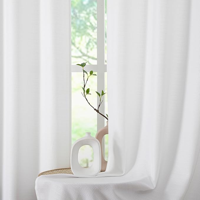 Chyhomenyc White Curtains 63 Inch Length 2 Panels, Faux Linen Textured Semi Light Filtering Soft Airy Rod Pocket Window Treatment Drapes for Living Room Bedroom, 40Wx63L Inch, Set of 2