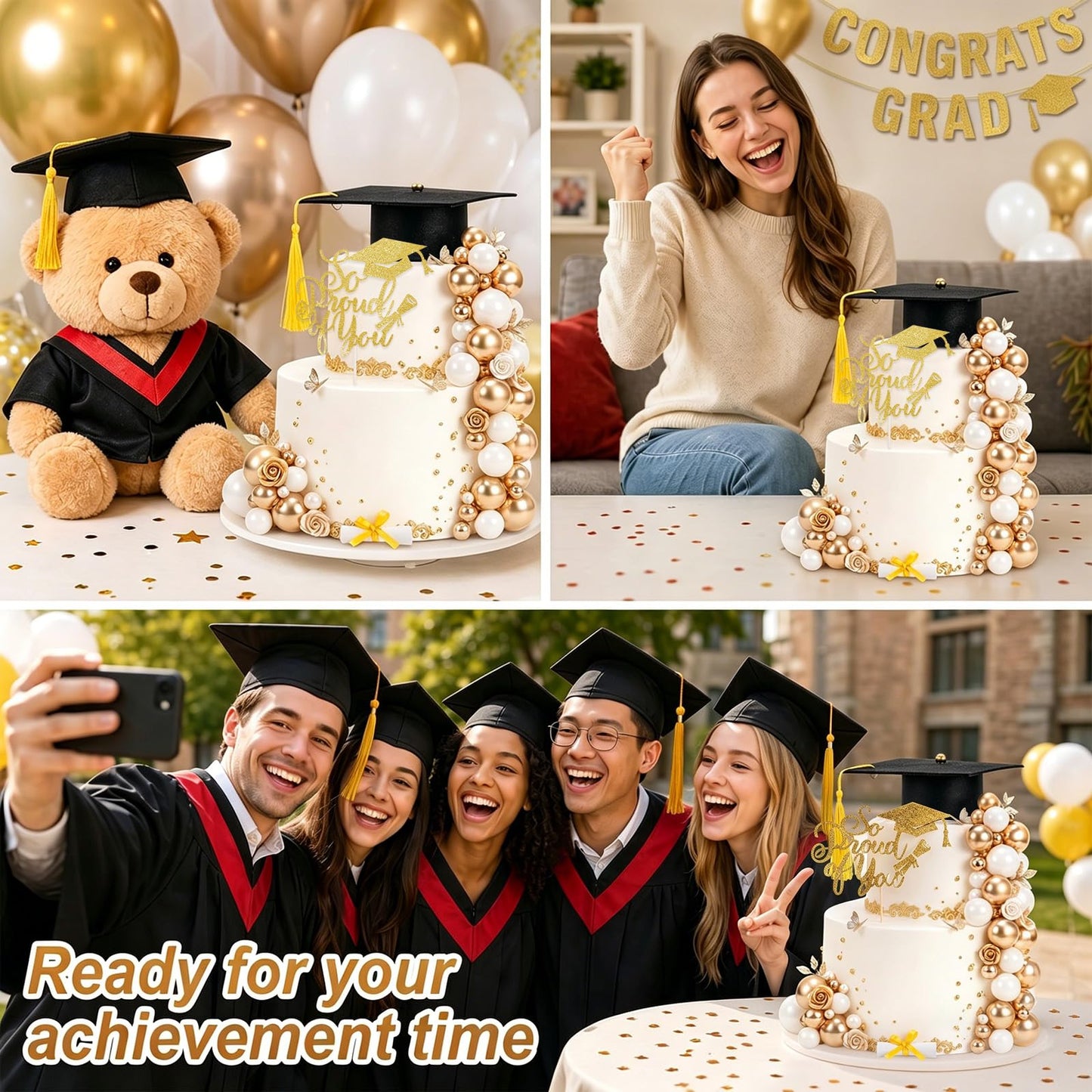 43 Pcs Graduation Cake Kit Included Felt Grad Cap with Tassel Grad Cake Topper Graduations Party Supplies So Proud of You Cupcake Topper for Congrats Senior High School College Party Decor(Gold White)