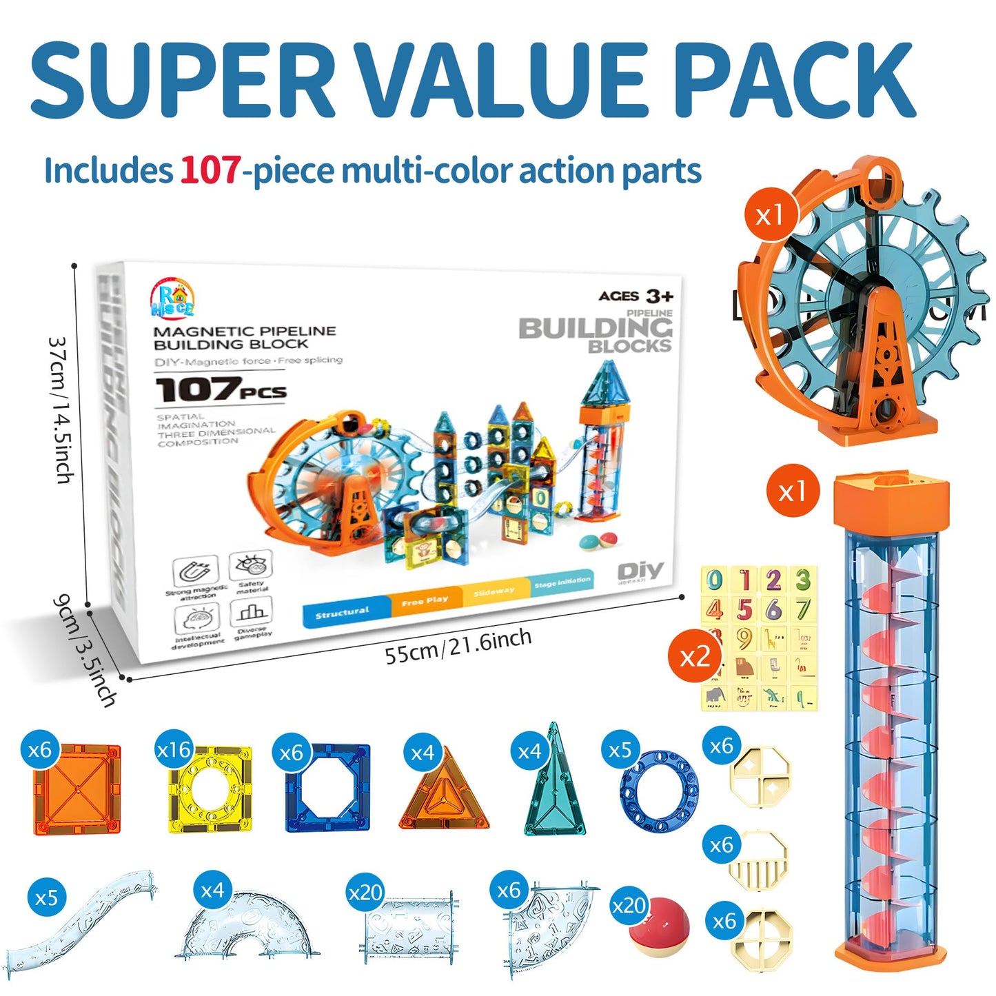 Motorized Marble Run Set, 107 Piece Magnetic Tile Building Toy with Ferris Wheel and Elevator, Music and Lights Marble Maze STEM Game for Kids Ages 4 to 12, Educational Gift