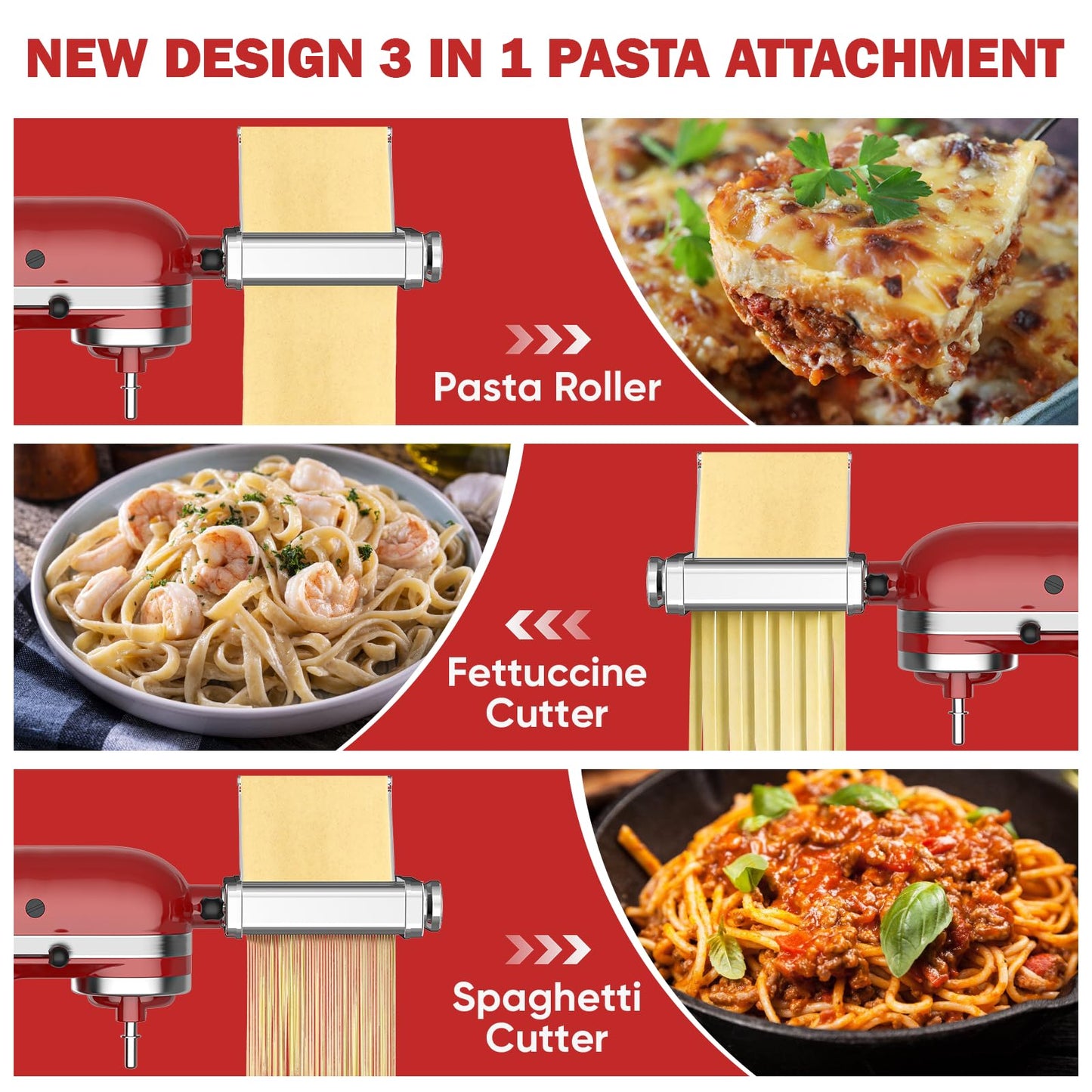 3 in 1 Pasta Attachment for KitchenAid Stand Mixer, All Metal Pasta Maker KitchenAid Attachment, Pasta Sheet Roller, Spaghetti Cutter, Fettuccine Cutter Maker Accessories and Cleaning Brush by Gvode