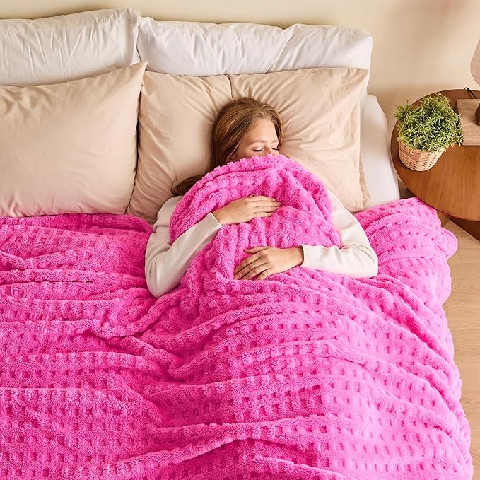 NEWCOSPLAY Super Soft King Blanket Pink Premium Silky Flannel Fleece 3D Waffle Checkered Lightweight Bed Blanket All Season Use (Hot Pink, King(90"x110"))