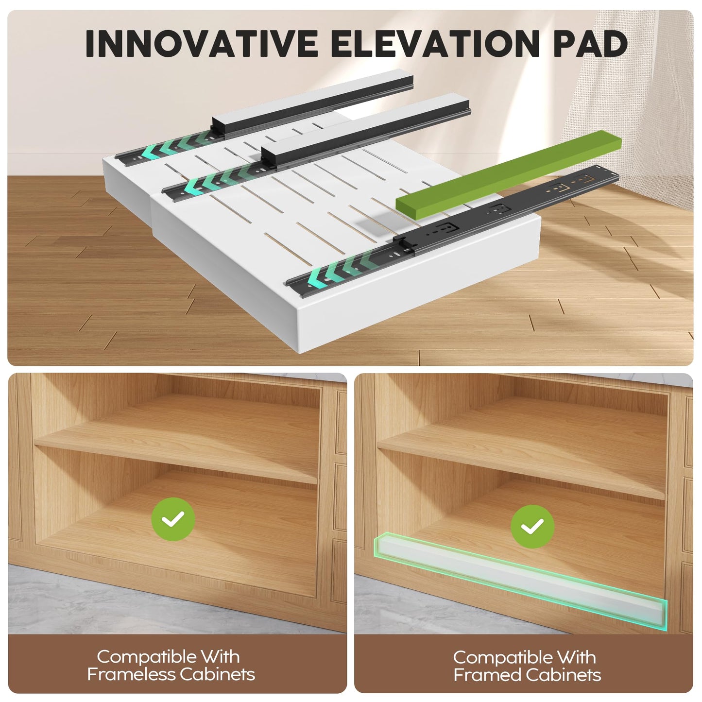 Seinloes 2 Pack Pull Out Cabinet Organizers 21"Deep with Raising Pad for Framed Cabinets,Expandable Slide Out Drawers Upgrade 3 Slide Rails,Roll Out Shelves Adhesive,Adjustable Width 12"-20.45" White