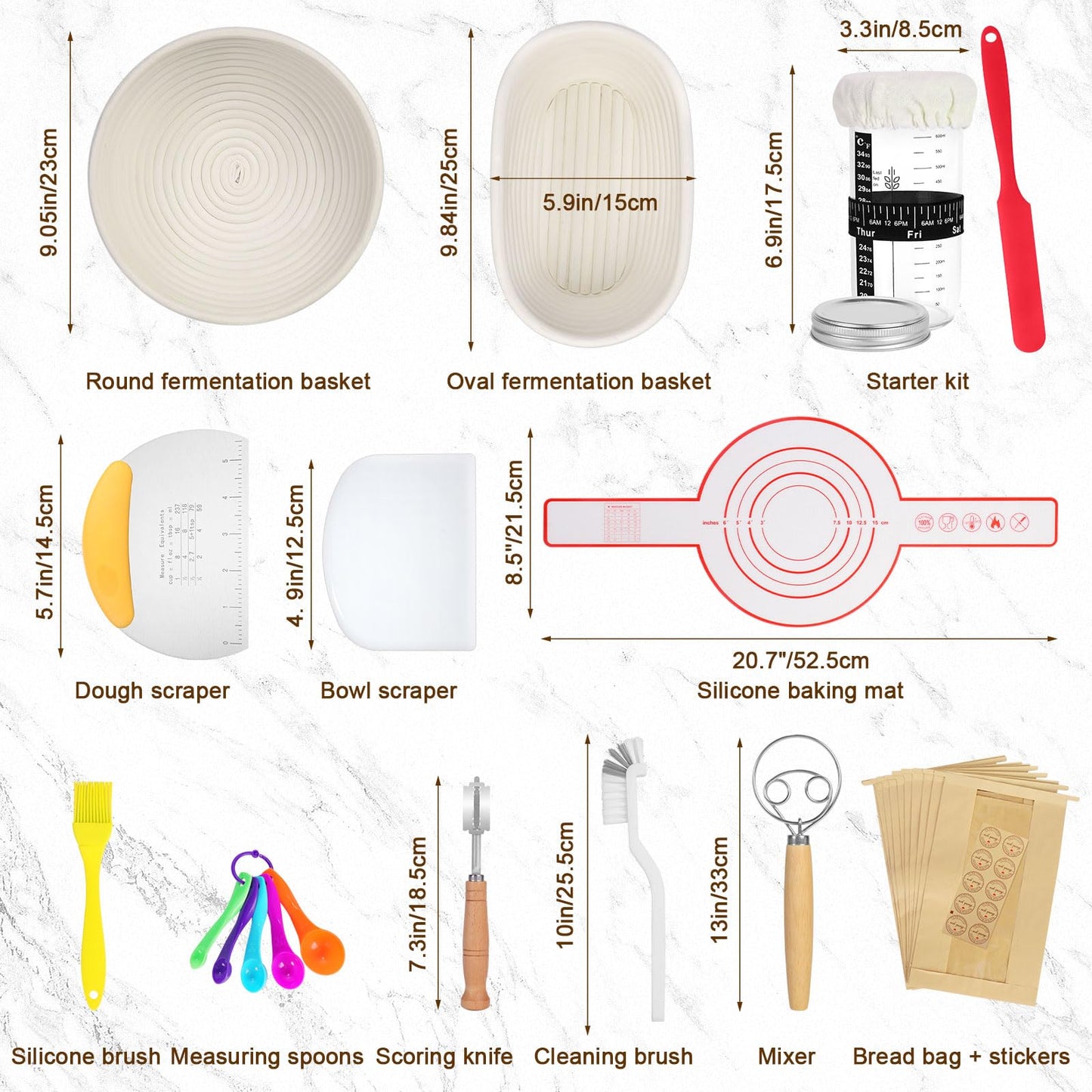 SHANNA Sourdough Starter Kit, Banneton Bread Proofing Basket, Sourdough Bread Baking Supplies, Sourdough Tools, Bread Making Tools, Round & Oval Proofing Basket, 15PCS