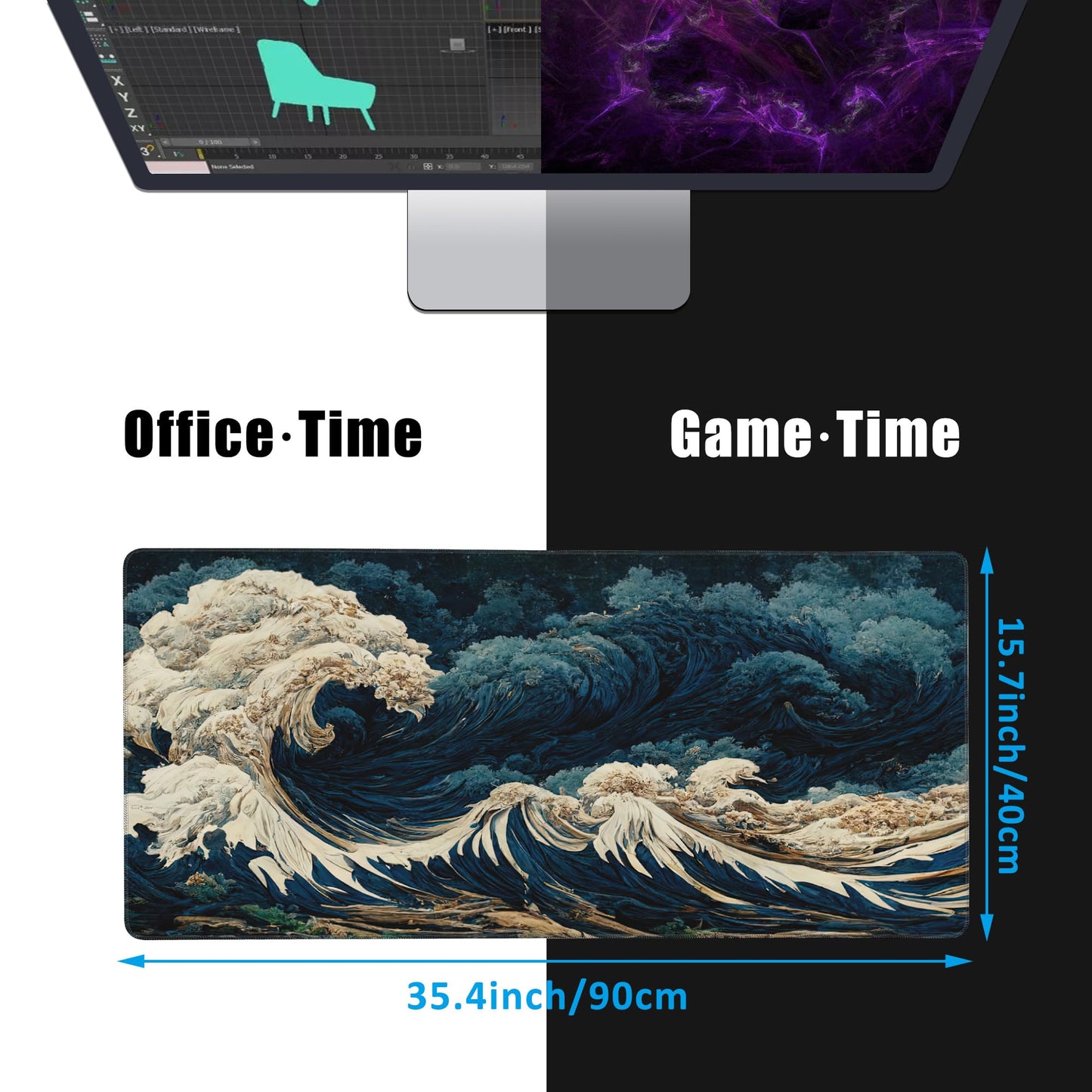 EOBKLAX Japanese Ocean Waves Large Gaming Mouse Pad,Waterproof Desk Mat for Desktop,Non-Slip Rubber Base Mousepad with Stitched Edges for Laptop Office and Home 35.4X15.7 Inch