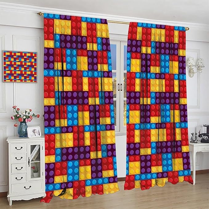 Building Block Colored Curtains, Children's Themed Curtains Collection Building Block Patchwork Cartoon Print Curtains, Light Trim 2 Panel Set Rod Pockets 72x63in