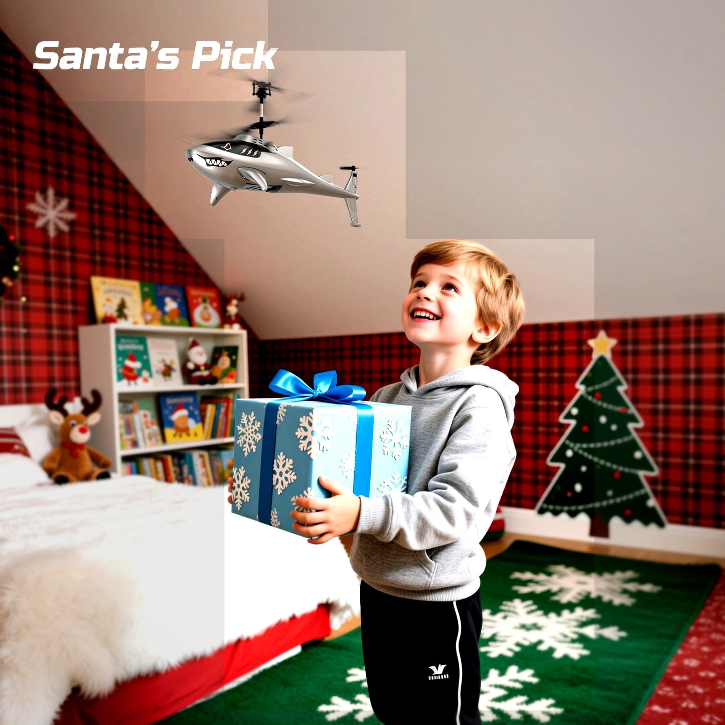 DEERC Remote Control Helicopter for Kids and Adults, RC Shark Helicopter with Altitude Hold, One Key Takeoff/Landing, LED Lights, 2 Batteries, 24 Min Flight Time, Indoor Flying Toy Gift