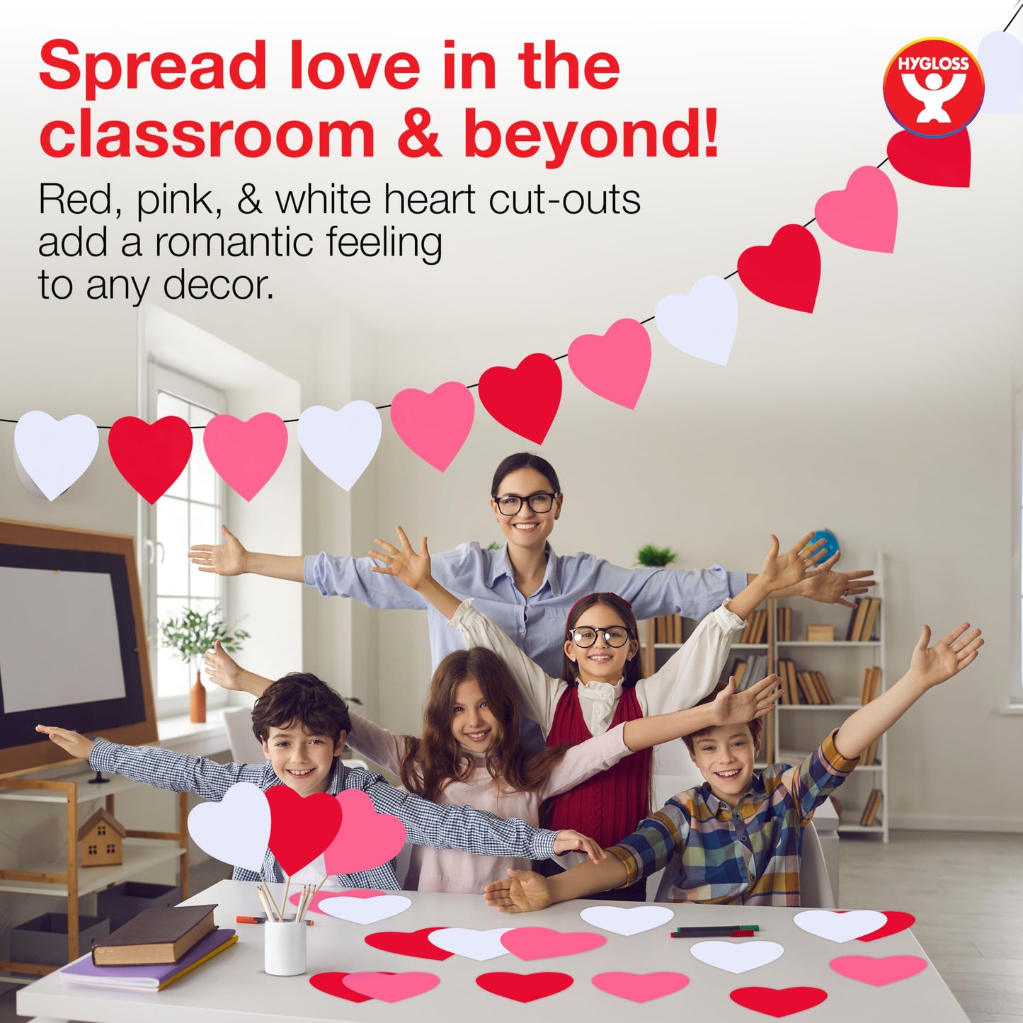 Hygloss Heart Shape Paper Cut-Outs for Arts & Crafts-Many Creative Uses-Valentine’s Day Activities-6 Inches-100 Pcs, Red, Pink & White