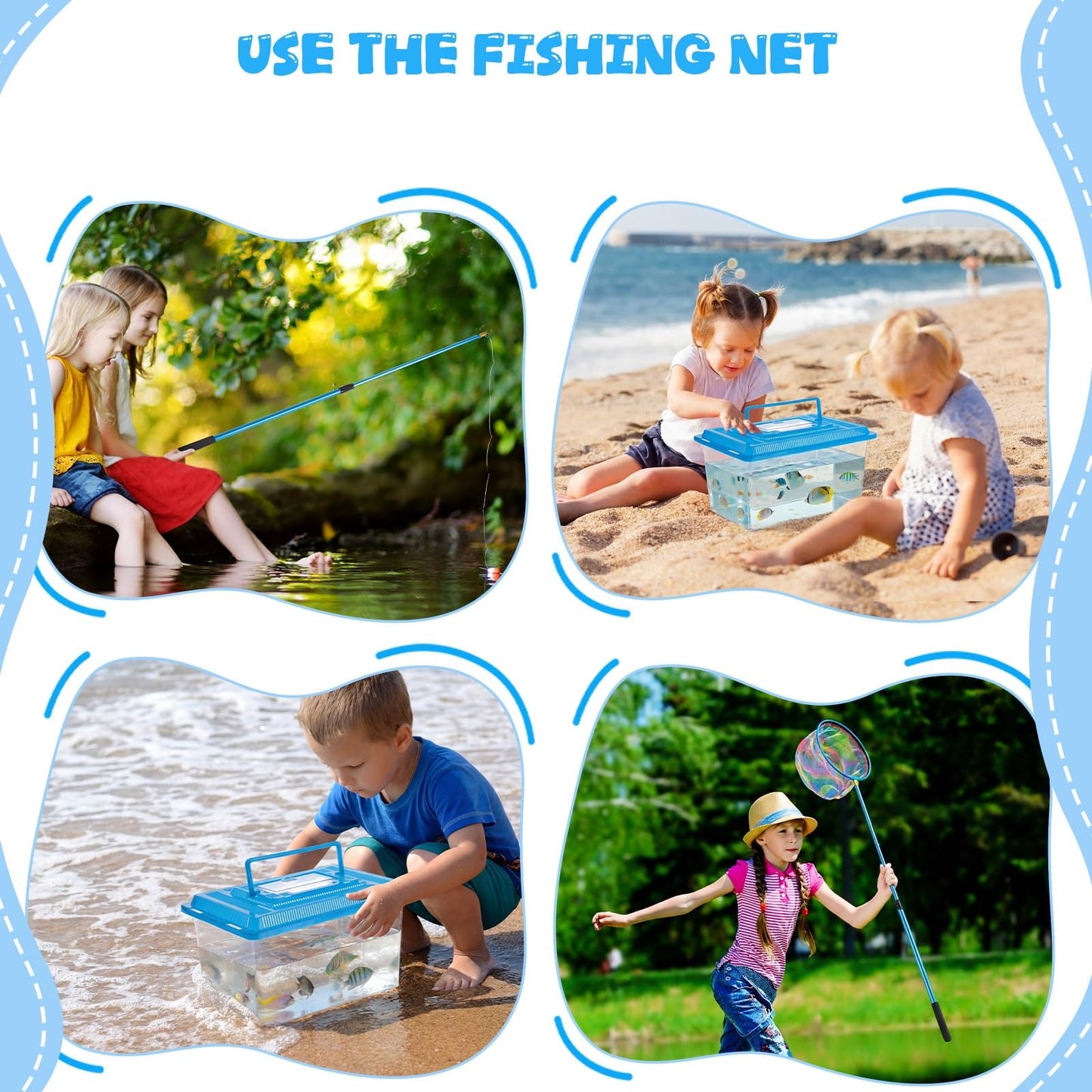 Ferrochef 2-in-1 Set Telescopic Fishing Net and Beach Fish Tank, 30" to 48" Extendable Lightweight Aluminum Pole with Non-Slip Handle for Catching Observing Release, Outdoor Exploration Kit