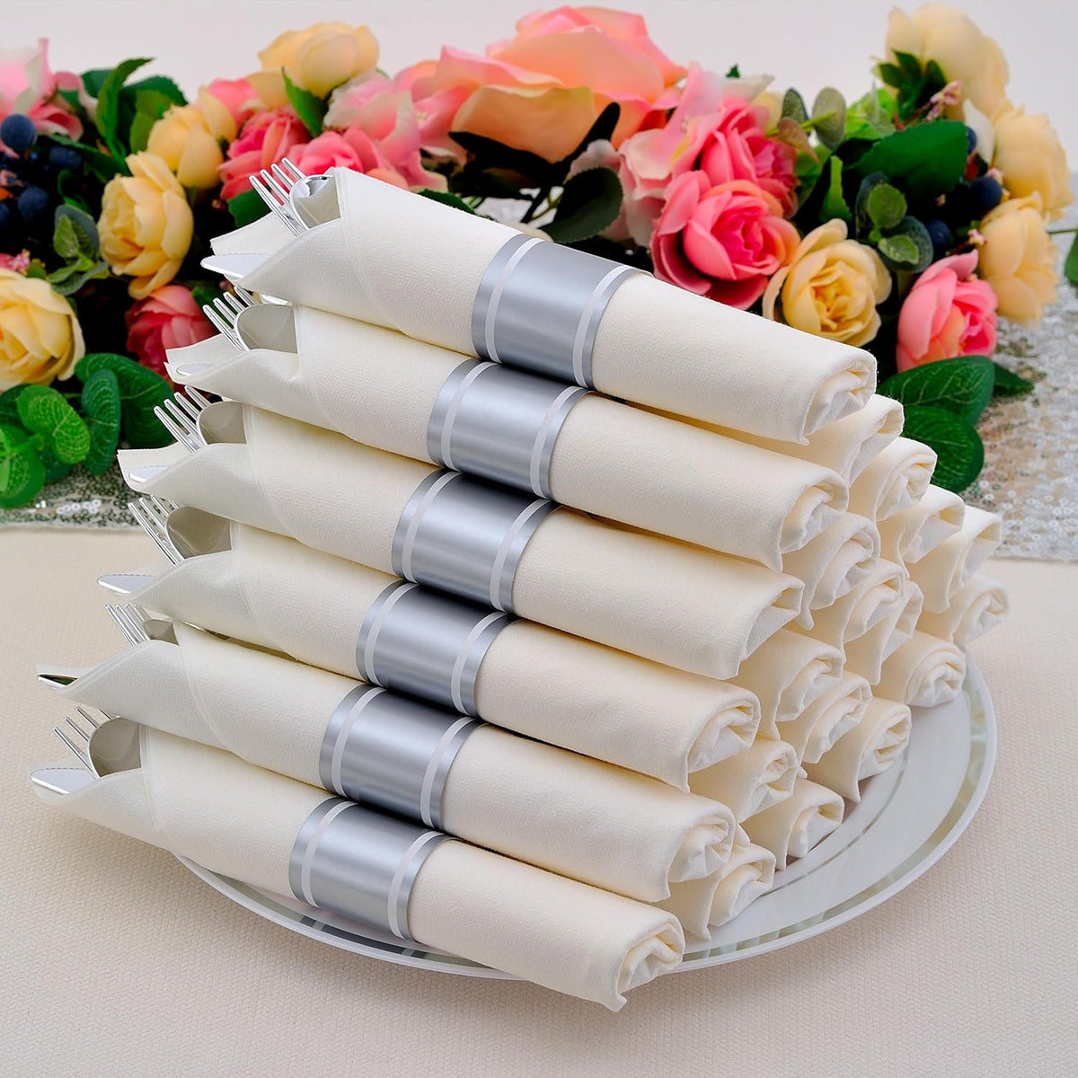 100 Pack Pre Rolled Silver Plastic Silverware Set with Napkins,Disposable Wrapped Heavy Duty Cutlery Set for Wedding Birthday Party-100 Forks,Knives,Spoon,Utensils Set,Plasticware Bulk