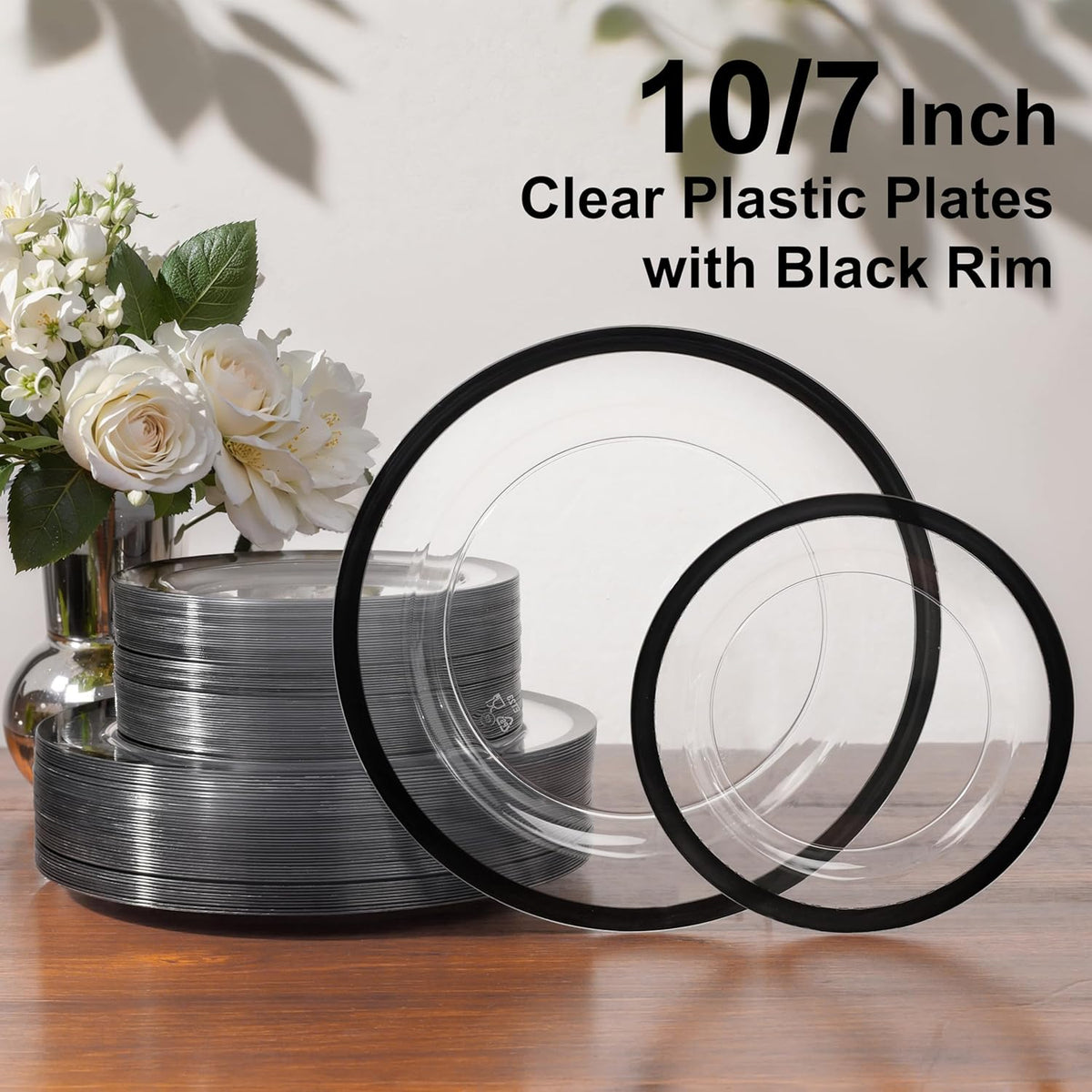U-QE 120pcs Black Plates Disposable for Party - Clear Plastic Plates Disposable Heavy Duty - Include 60 10" Dinner and 60 7" Dessert Plate, Perfect for Party & Wedding