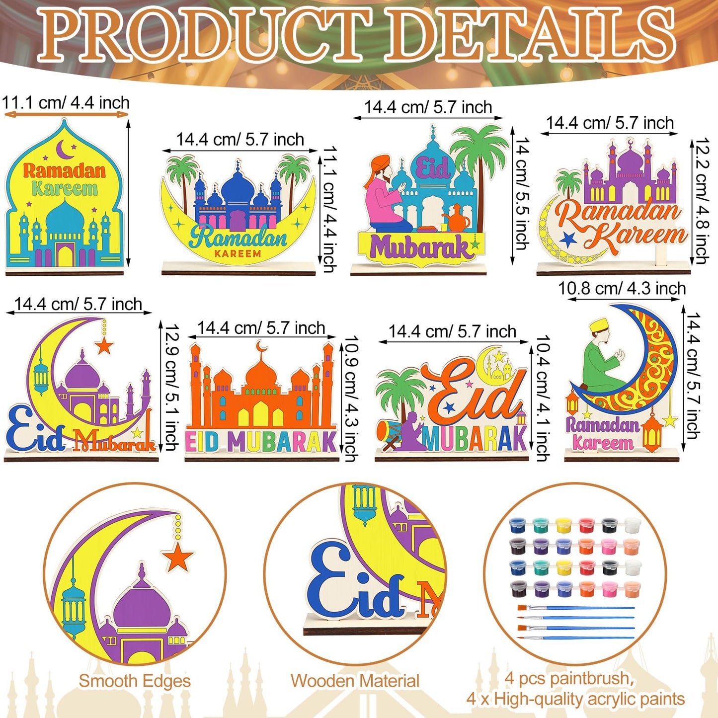 DoubleFill 16 Pcs Wooden Islamic Crafts, DIY Mubarak Tabletop Signs with Paint Strips and Brushes, Paint Your Own Muslim School Classroom Art Activity Kit for Mosque Party Home Decor, Back to School