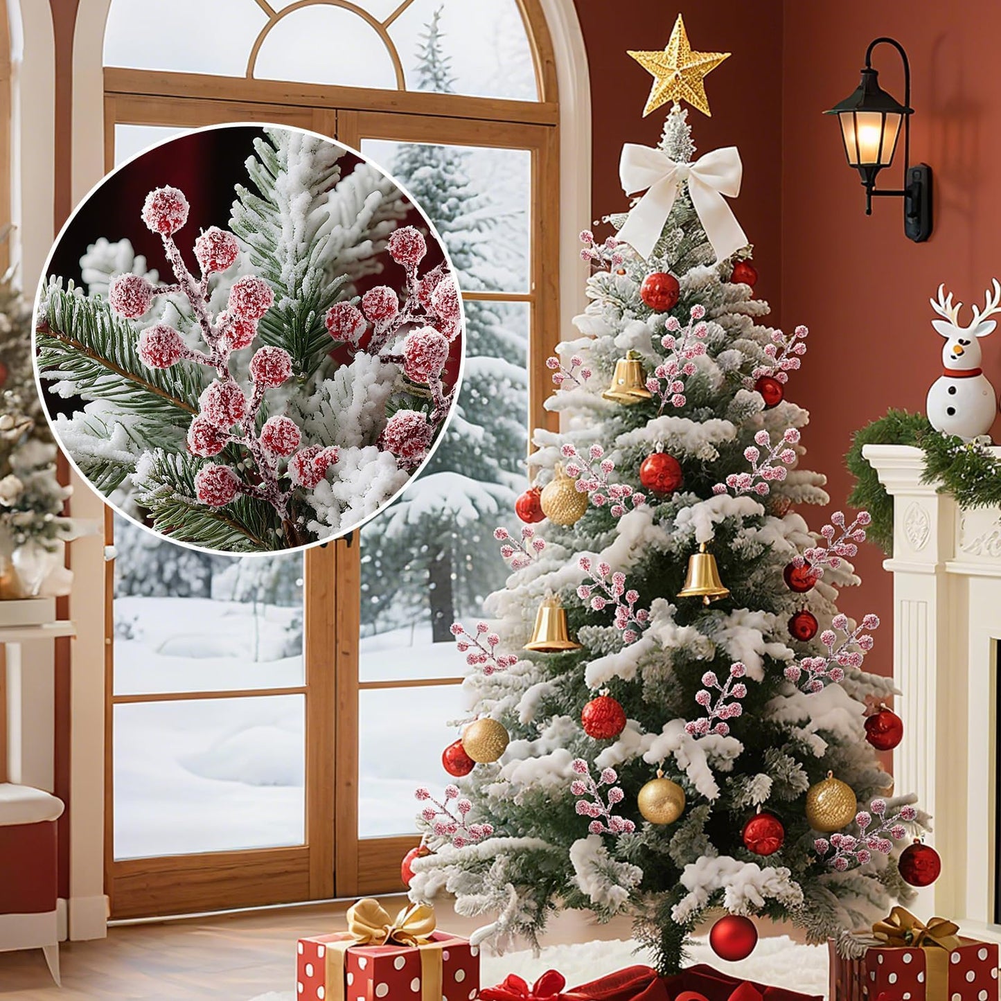 Sherika 24 Pcs Artificial Christmas Snowy Holly Berry Stems 9" Red Frosted Berries Picks and Sprays for Christmas Tree Decorations Ornaments, DIY Craft Wreath Making Supplies Christmas Tree Decor