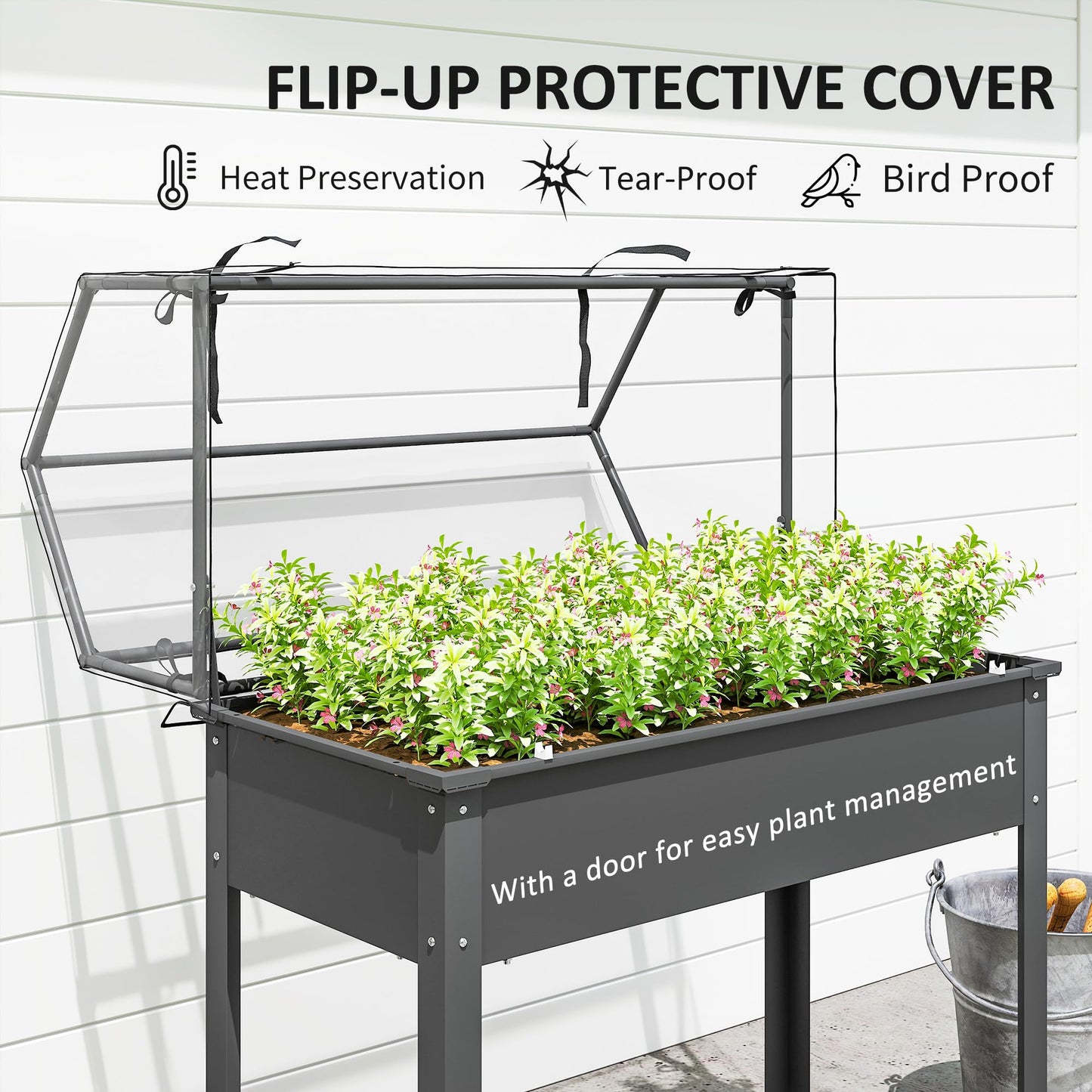 Outsunny Raised Garden Bed with Greenhouse Cover, Elevated Planter Box with Legs and Drainage Hole for Vegetables Flowers Herbs, 39.4" x 18.9" x 48.8", Dark Gray