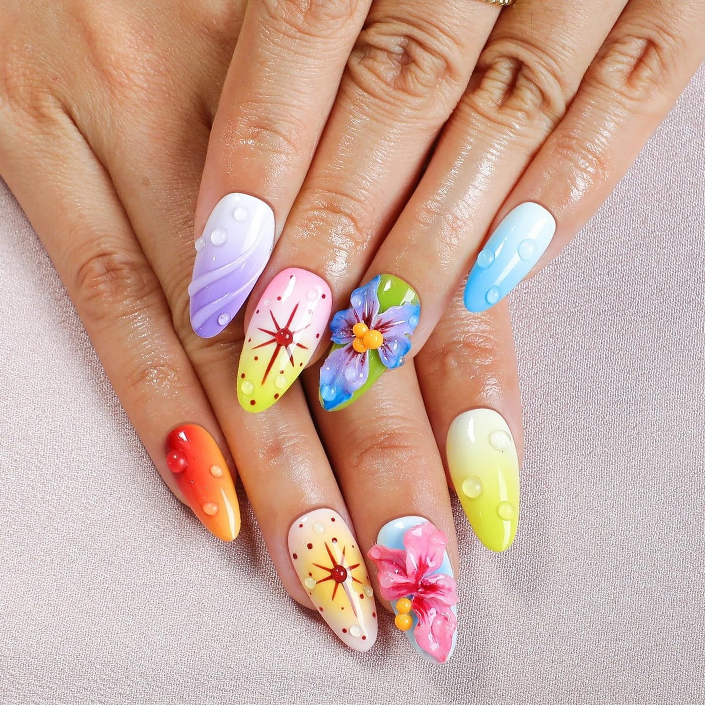 Handmade Press on Nails Medium Almond - 3D Luxury Colorful Flower Press on Nails Designs Thick Acrylic and Muti-Layer Gel False Nails Full Cover Gradient Fake Nails Stick on Nails for Women (Size S)
