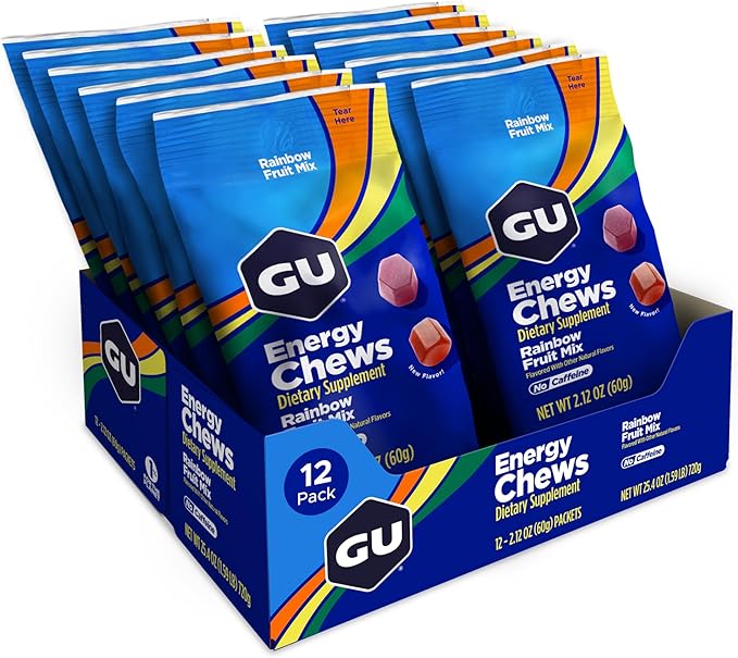 GU Energy Chews, Rainbow Mix Energy Gummies with Electrolytes, Vegan, Gluten-Free, Kosher, Caffeine Free, and Dairy-Free On-The-Go Energy for Any Workout, 12 Bags (24 Servings Total)