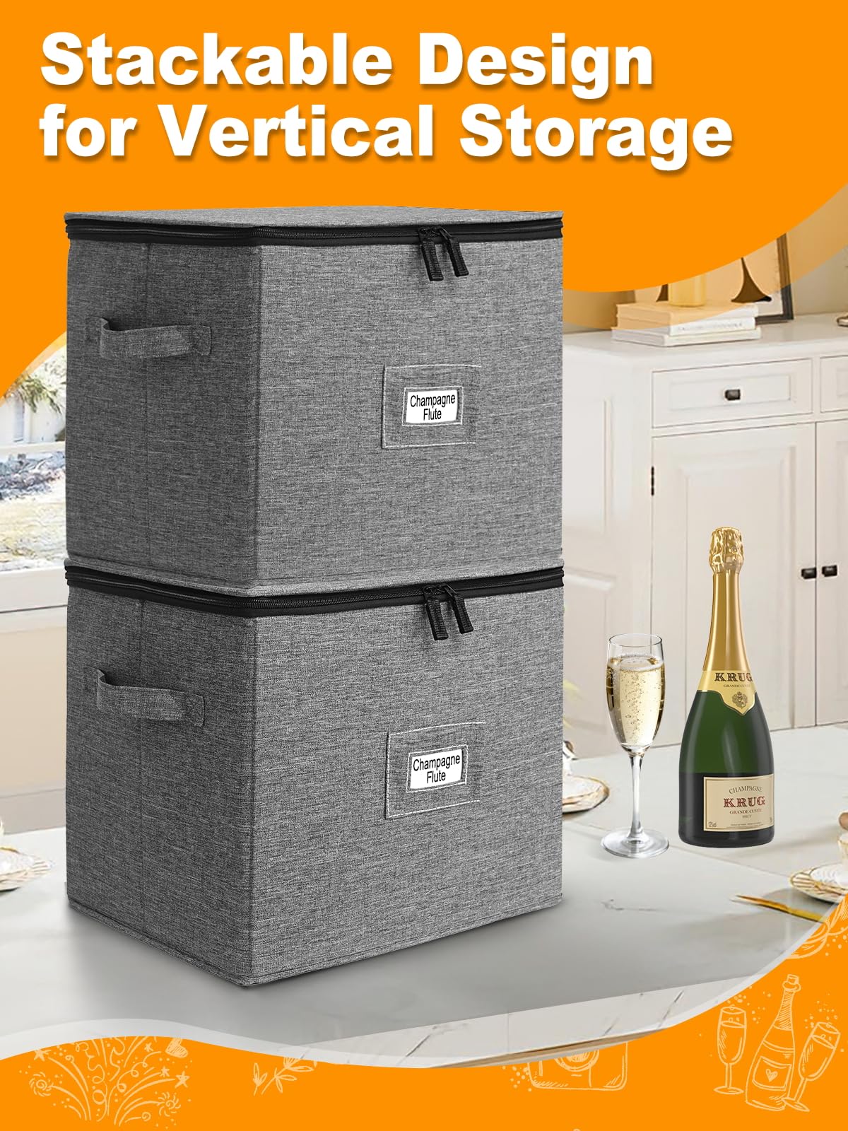 punemi Champagne Flute Storage Container, 2 Pack Wine Glass Storage Box w/Hard-Shell Top, Bottom & Sides, Dividers, Stackable Glassware Storage Container for Champagne, White Wine & Stemware