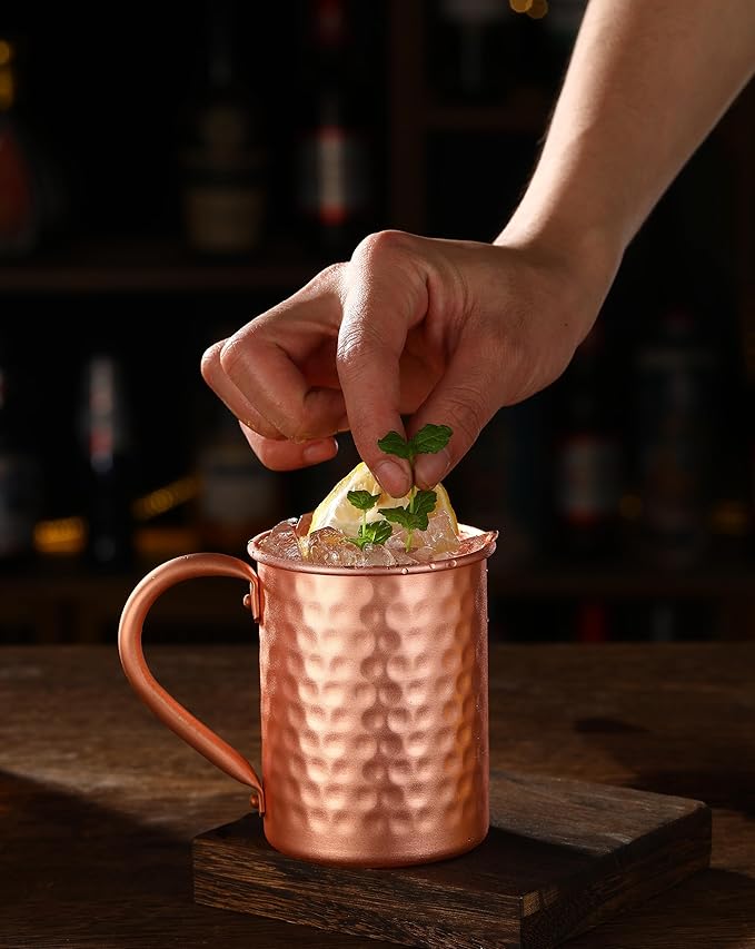Moscow Mule Pure Copper Mugs - Set of 4 - Handmade of 100% Pure Copper -Hammered Finish-Riveted Handle