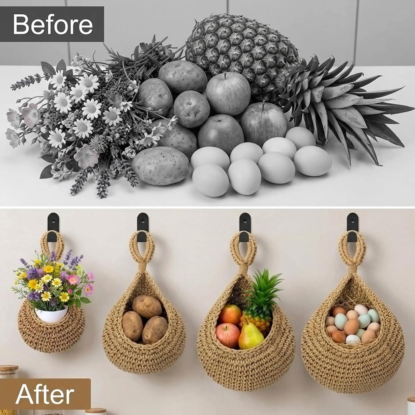 4 Pack Boho Decor Hanging Baskets for Kitchen, 4 Sizes Teardrop Wall Baskets with Hooks for Home Storage Fruit Vegetable