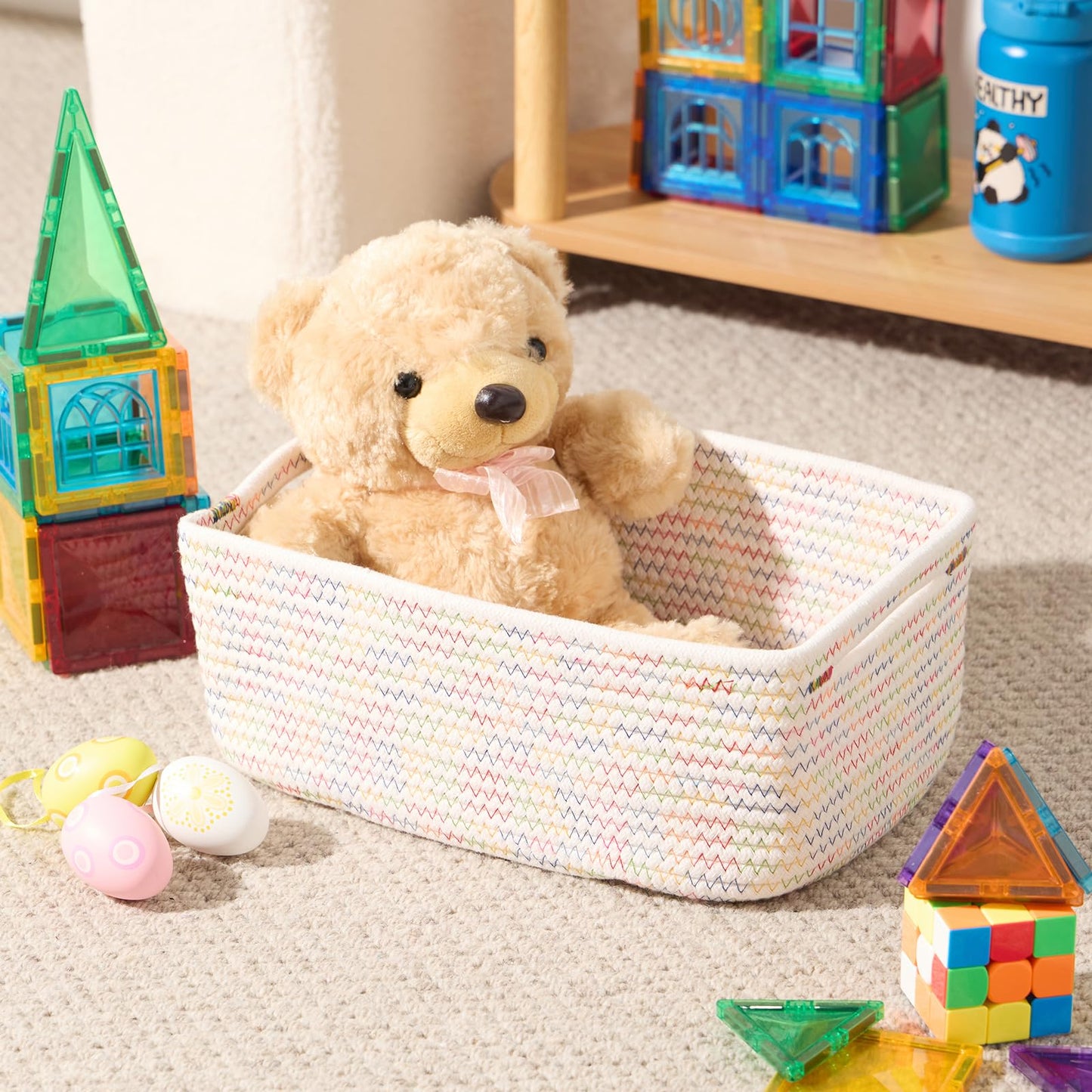 MiniArk Small Storage Baskets for Organizing | Closet Organizer Bins | Shelf Toy Basket | Woven Rope Baskets | Cube Decorative Box | Shallow Basket | 13x8.5x5.1” | 4 Packs Rainbow