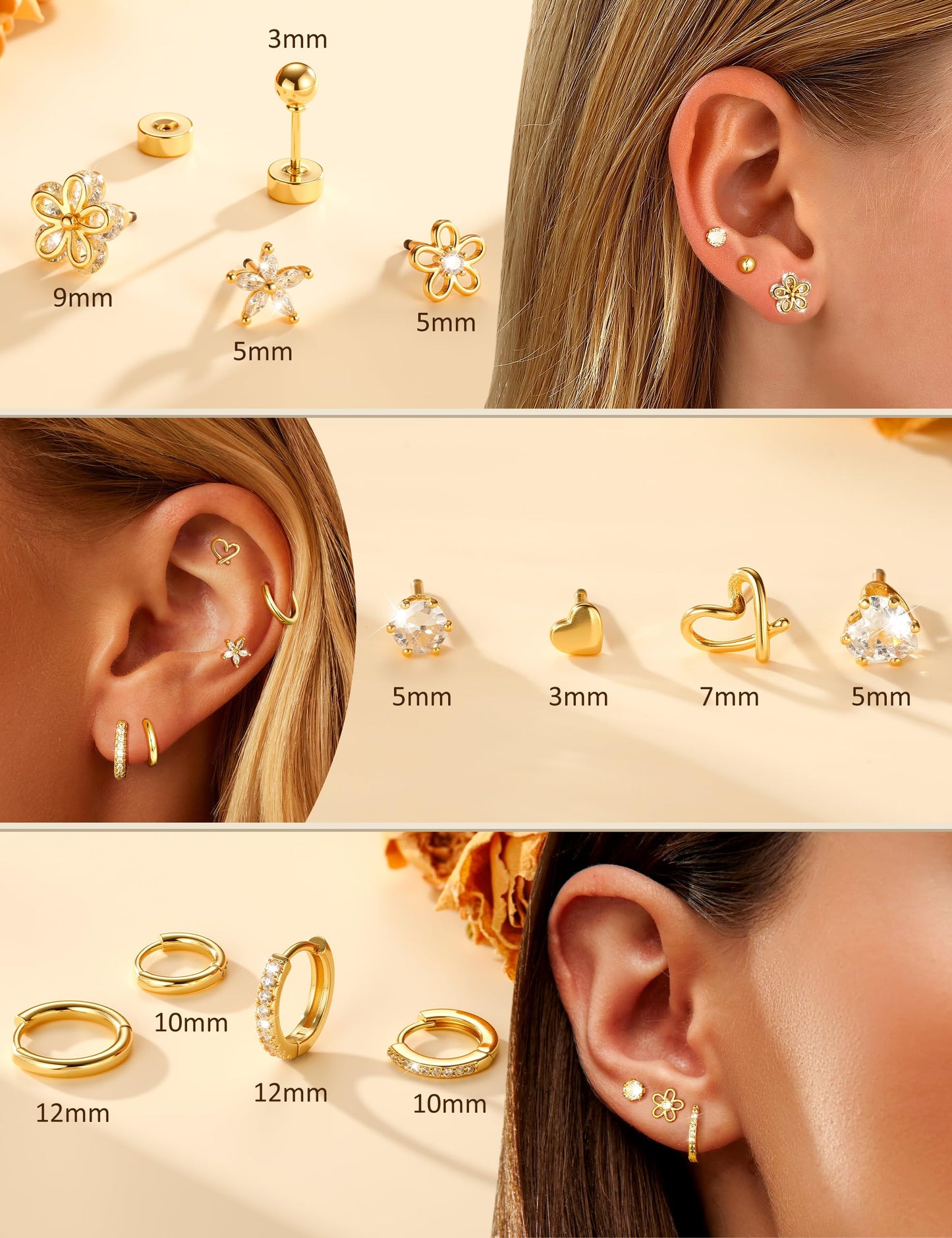 Hypoallergenic Gold Stud Earrings for Women - 14k Gold Plated Surgical Stainless Steel Flat back Earrings Set Small Huggie Hoop Flatback Earring for Sensitive Ears Screw Back Cartilage Piercing Jewelry