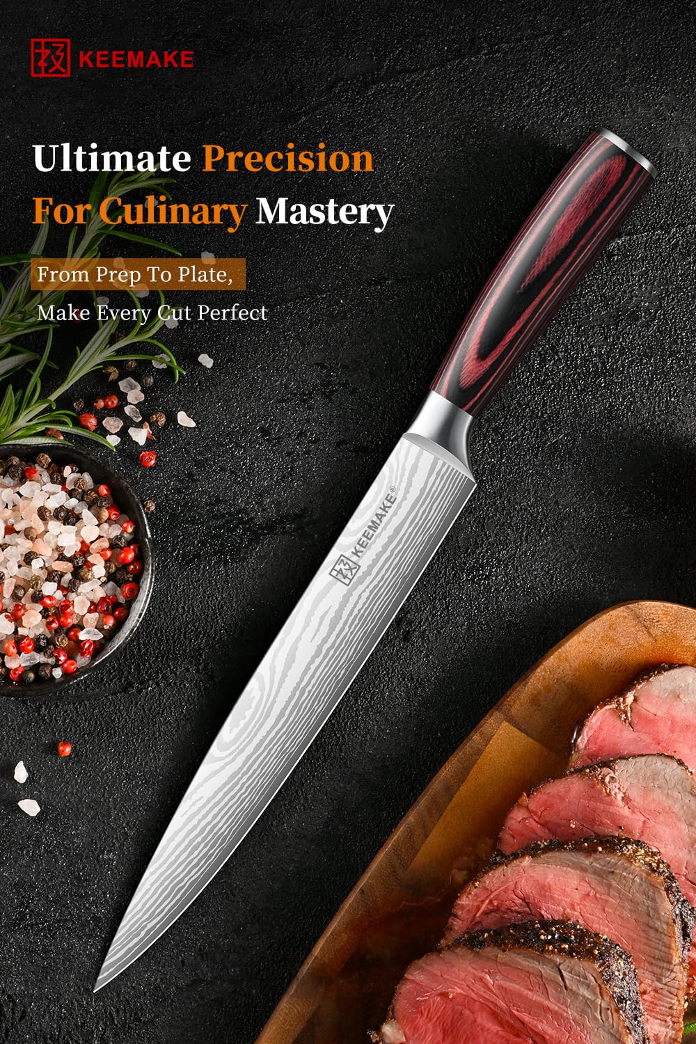 KEEMAKE 8 Inch Carving Knife - Ultra Sharp Slicing Knife High Carbon Stainless Steel Blade & Ergonomic Handle for Meat Cutting BBQ Turkey Ham Gift Box Included