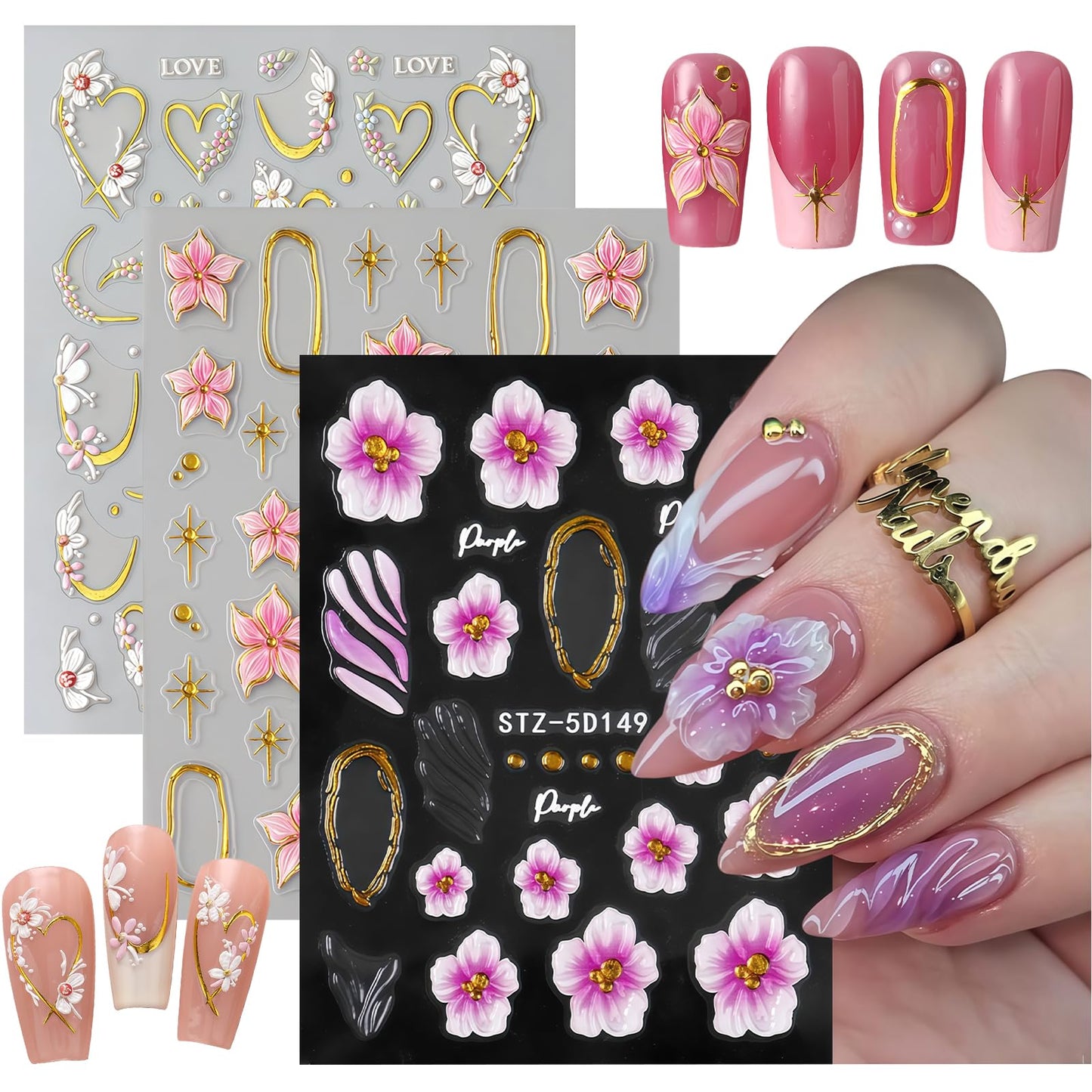 3 Sheets Flower Nail Art Stickers Decals 5D Self-Adhesive Nail Decals Spring/Summer Purple Pink Floral Designs, Self-Adhesive Decals for Women's Nail DIY Decoration