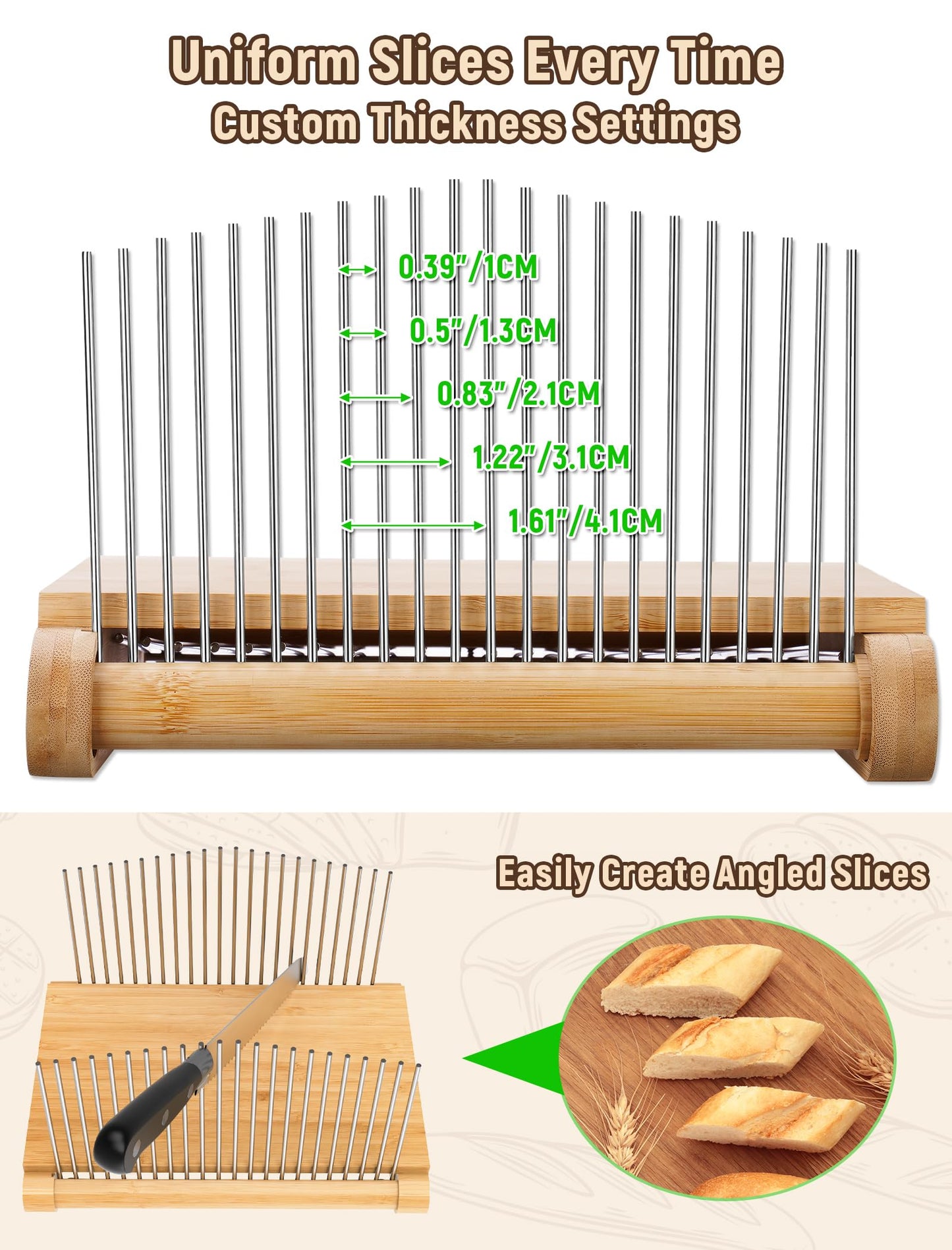 NiHome Bamboo Bread Slicer for Homemade Bread with Stainless Steel Guides, Adjustable Thickness for Toast & Sandwiches, Foldable Compact Sourdough Wood Cutting Board