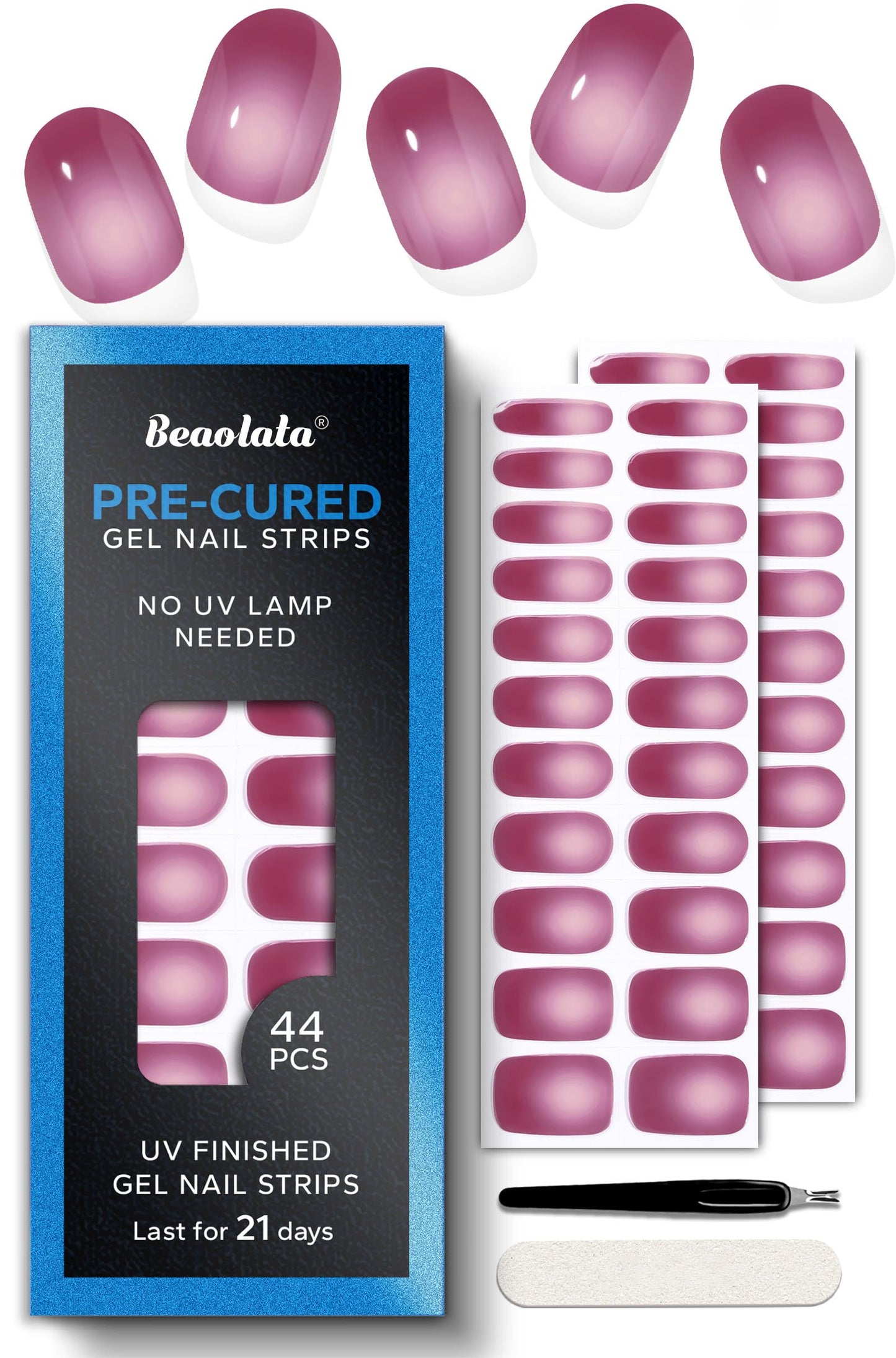 Beaolata Real Gel Nail Strips (No UV Light Needed) - 44Pcs Salon Quality Nail Stickers - Long Lasting Polish Wraps for Women, Easy Apply & Remove (Bold Pink)